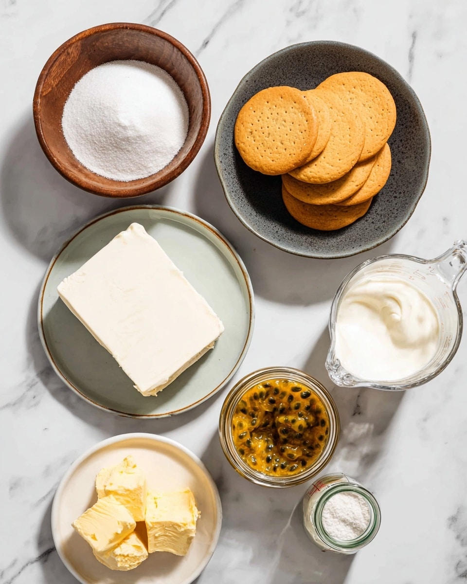 The image shows ingredients for a dessert arranged on a white marbled surface. At the top left, there is a wooden bowl filled with white sugar. To the right, a dark gray bowl contains a stack of golden brown round cookies arranged in an overlapping circle. Below the sugar, on a gray plate, sits a large white block of cream cheese. To the right of this, there is a clear glass measuring cup filled with off-white cream. At the bottom left, a white plate holds a chunk of pale yellow butter. Near the bottom center, two glass jars filled with golden yellow passion fruit pulp with black seeds are placed, one upright and one slightly tilted. At the bottom right, a small clear glass container holds white powder. The lighting is bright and natural, making the colors and textures clear and fresh, photo taken with an iphone --ar 4:5 --v 7