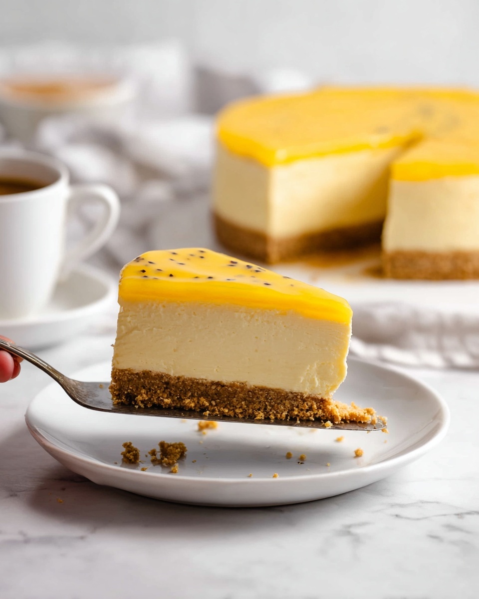A close-up view of a cheesecake slice held by a woman's hand on a metal spatula, showing three layers: a thick, crumbly light brown crust at the bottom, a thick creamy beige middle layer, and a smooth, bright yellow jelly-like top layer with tiny dark specks. The remainder of the cheesecake sits on a white plate on a white marbled surface, with a few crumbs scattered around. In the background, a cup of coffee and another slice on a white plate are slightly blurred. Photo taken with an iphone --ar 4:5 --v 7