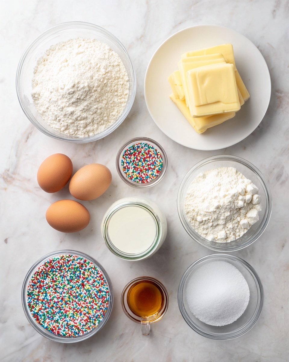 The image shows eight ingredients arranged neatly on a white marbled surface. From the top left, there is a clear bowl filled with white flour, and to the right is a white plate holding two blocks of pale yellow butter one stacked on the other. Below the flour, there are four brown eggs grouped together. To the right of the eggs, there is a small clear bowl filled with white baking powder and another larger clear bowl filled with white granulated sugar. Near the eggs is a small clear bowl filled with colorful round sprinkles showing red, blue, green, yellow, white, and orange. A small glass jar filled with white milk is placed near the center. Below the jar is a small bowl with amber-colored vanilla extract, and next to it on the right is a clear bowl filled with white powdered sugar. The lighting is soft and natural, and the setup looks clean and organized. Photo taken with an iphone --ar 4:5 --v 7