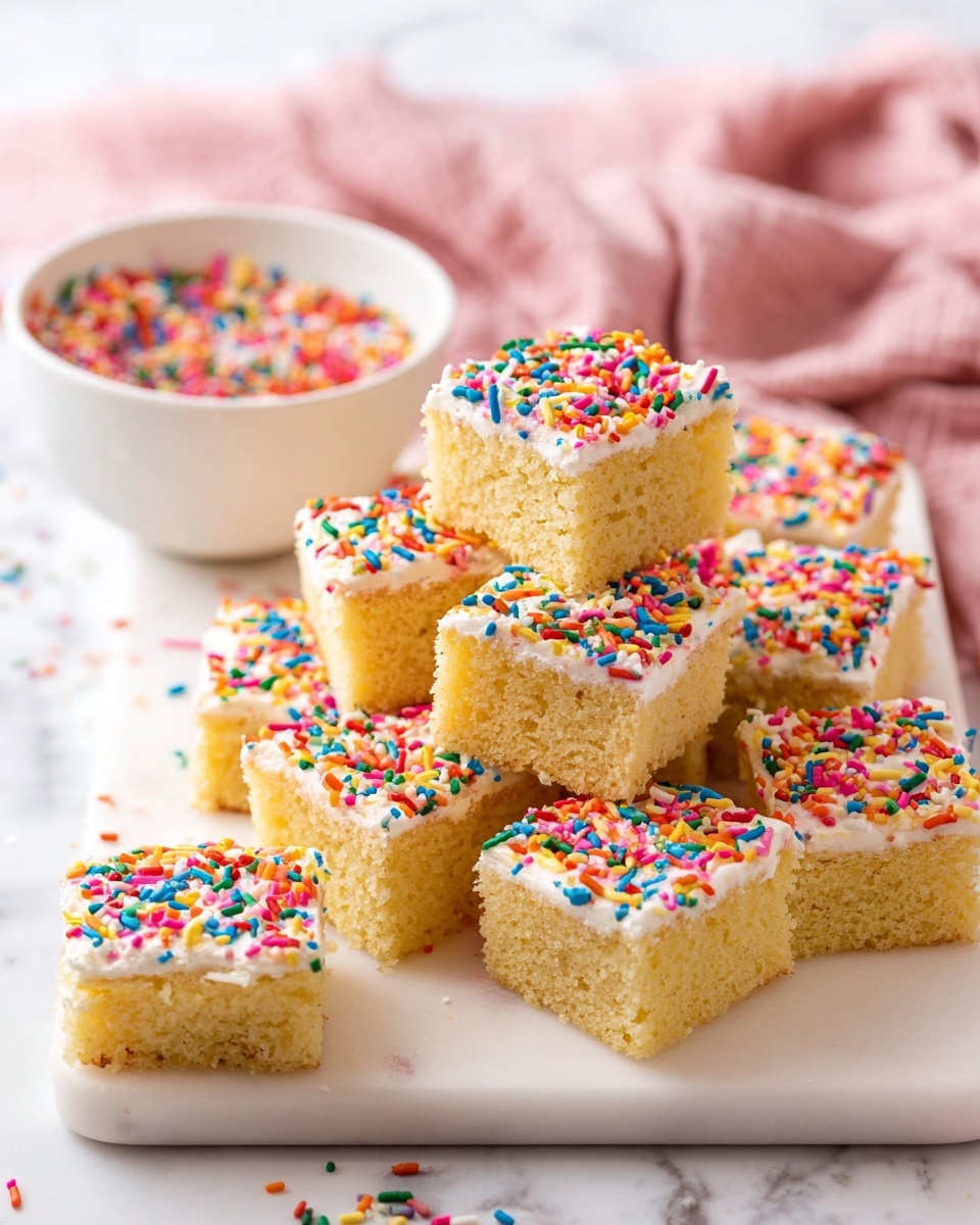 A pile of small square yellow cake pieces with a soft texture sit stacked on a white rectangular board. Each cake piece has a thick white frosting layer on top, covered with colorful rainbow sprinkles in red, blue, green, orange, and yellow. Behind the stack, there is a white bowl filled with the same bright sprinkles. A soft pink cloth is draped in the background on a white marbled surface. The cake pieces show their fluffy inside clearly and the overall look is bright and cheerful photo taken with an iphone --ar 4:5 --v 7