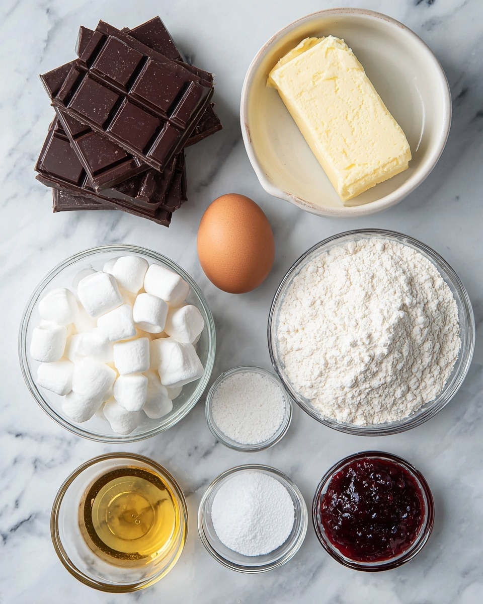 The image shows a top view of baking ingredients neatly arranged on a white marbled surface. There are three large dark and milk chocolate squares stacked on the left side, with a block of yellow butter just above them. To the right of the chocolate is a single brown egg sitting near a large white bowl filled with white flour. Below the egg and flour, a clear glass bowl is filled with white marshmallows. Below the marshmallows, there is a round glass bowl filled with white sugar, a small glass bowl with a white powder, and another small bowl containing a bit of salt. Next to these small bowls, there is a bowl with a thick dark red jam and a small glass bowl with golden liquid, likely oil or syrup. photo taken with an iphone --ar 4:5 --v 7