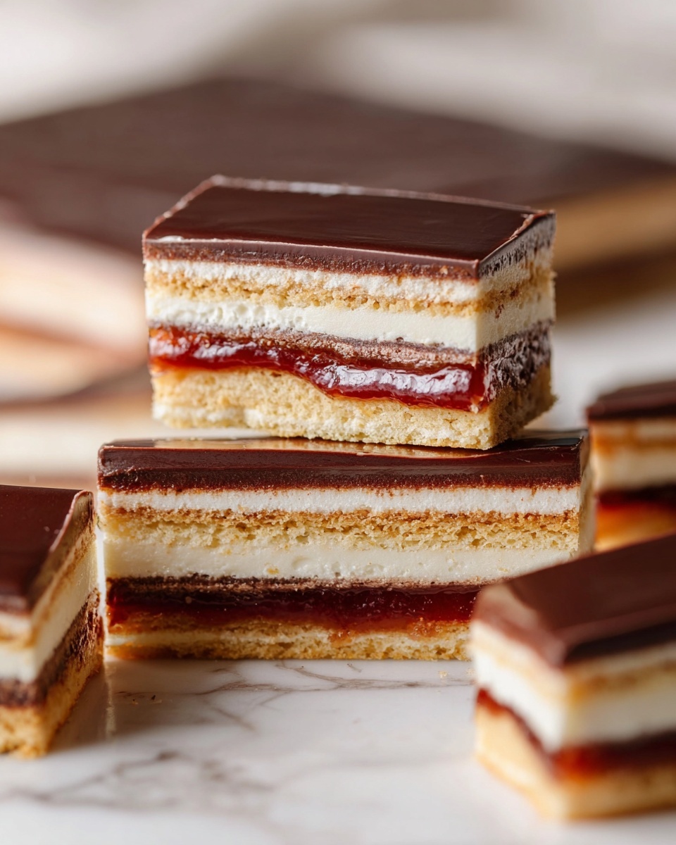 The image shows a stack of rectangular layered dessert pieces on a white marbled surface. Each piece has five layers: a top thin layer of smooth, shiny dark chocolate, followed by a light golden biscuit layer, then a thin layer of reddish jam, a thick creamy white filling, another thin layer of jam, and a bottom light golden biscuit layer. The focus is on a single piece balanced on a few others, with the layers clearly visible. The background is softly blurred, highlighting the dessert’s structured layers and textures. photo taken with an iphone --ar 4:5 --v 7