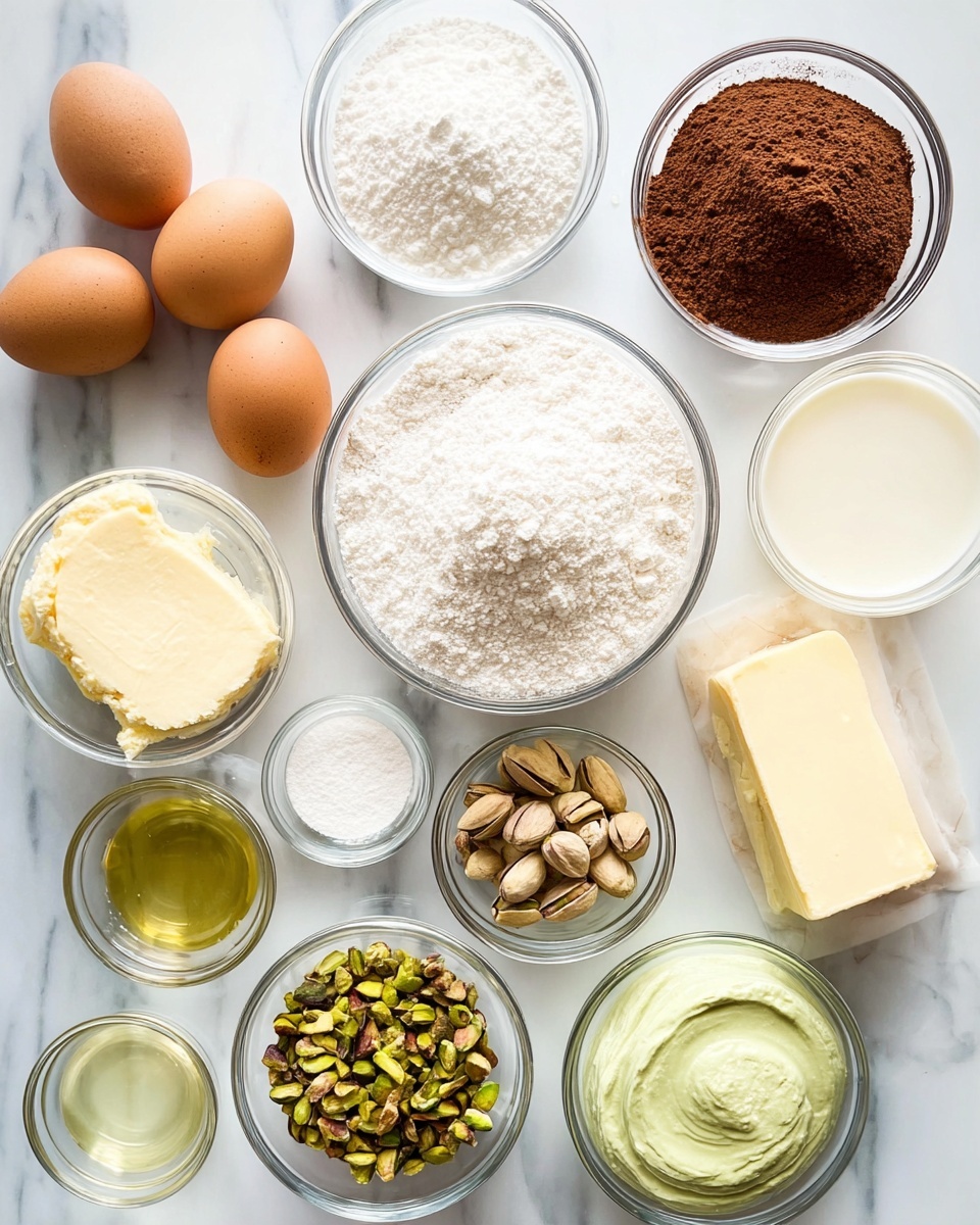 The image shows many small clear glass bowls arranged neatly on a white marbled surface. Each bowl contains different ingredients: one bowl has two brown eggs, one has fine white powder, another has brown cocoa powder, a medium bowl has white sugar with a smooth texture, and another has pistachio nuts with green and brown colors. There is also a square piece of pale yellow butter, a bowl with a light green creamy paste, and several other small bowls with clear or light-colored liquids. Everything is organized with a clean, bright look and soft natural light. photo taken with an iphone --ar 4:5 --v 7