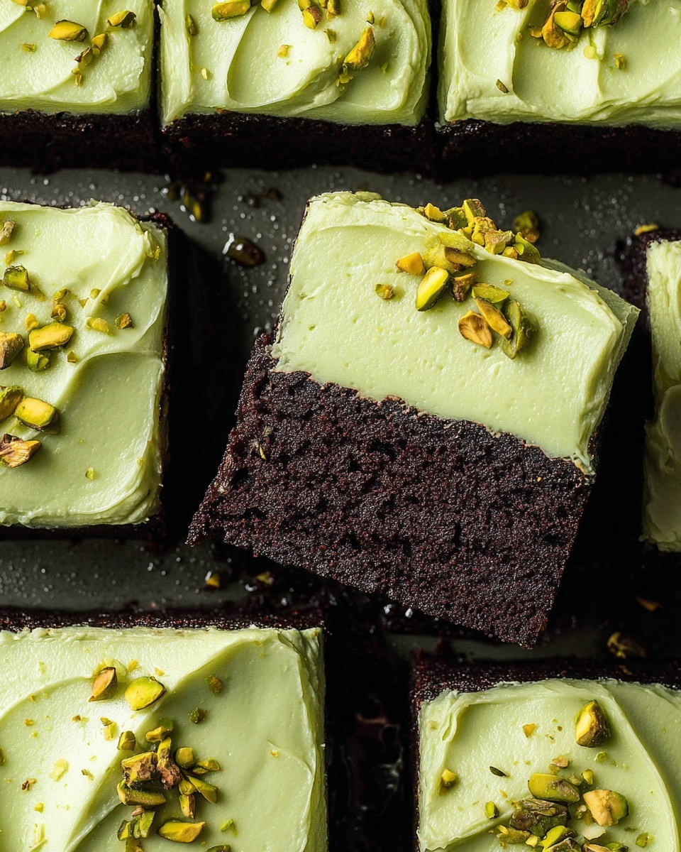 The image shows several square pieces of dark chocolate cake arranged closely together, each topped with a thick layer of smooth, light green frosting. The frosting has a creamy texture with some soft swirl marks visible on the top, and small pieces of chopped pistachios are scattered over it. The cake layer is dense and rich looking with a deep dark brown color that contrasts well with the pale green frosting. The pieces are placed on a shiny, dark surface that complements the colors of the cake and frosting. photo taken with an iphone --ar 4:5 --v 7