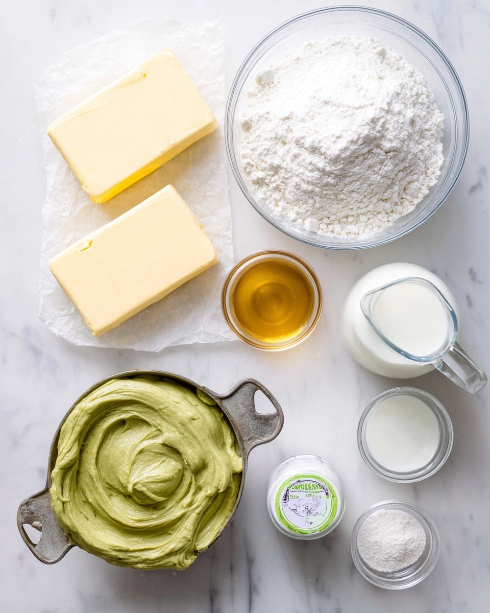The image shows various ingredients on a white marbled surface, arranged neatly. There is a large clear bowl filled with a fluffy white powder, likely flour or sugar, at the top right. Below it on the left is a vintage silver measuring cup filled with smooth, thick green paste, swirled on top. To the left of that, two thick rectangular blocks of pale yellow butter rest on parchment paper. Above the butter, there is a small clear bowl with a golden liquid, probably honey or syrup. To the right of the green paste and butter, there is a small glass pitcher filled with white liquid, likely milk or cream. Near the center right, a small container with a white lid and green label is placed. To its right, a clear bowl with a transparent liquid sits next to another small clear bowl filled with fine white powder, possibly salt or baking powder. All items are well lit and clearly visible. photo taken with an iphone --ar 4:5 --v 7