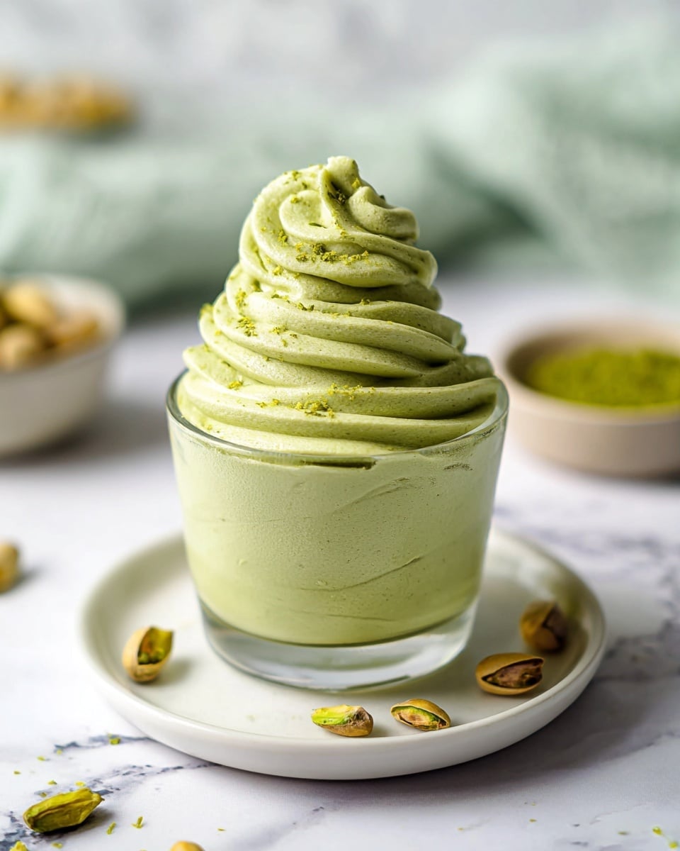 A single glass cup filled with swirled light green mousse, smooth and creamy in texture, with multiple spiral layers rising above the rim. The cup sits on a white plate with a few scattered whole pistachio nuts around its base. The background features a white marbled surface with some soft-focus elements like a blurred bowl and a cloth in light green shades. The overall look is fresh and clean with the mousse as the main focus. photo taken with an iphone --ar 4:5 --v 7