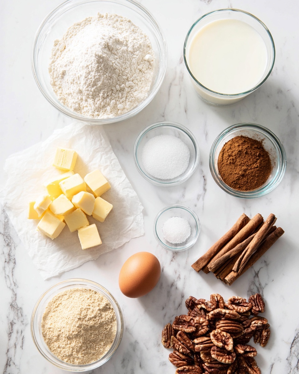 The image shows various baking ingredients neatly arranged on a white marbled surface. Starting from the top left, there is a clear glass bowl filled with white flour. To its right is a glass filled with milk. Below this is a small glass bowl of white granulated sugar. At the center left is a small pile of yellow butter chunks resting on a piece of parchment paper. Moving down, there is a single brown egg, next to it a tiny glass bowl with white salt, and below that a small glass bowl filled with beige dry yeast. On the right side, two cinnamon sticks are placed next to a clear bowl containing brown cinnamon powder. At the bottom right, a loose pile of brown pecan nuts is spread. The setup is bright and clean, with natural light highlighting the textures and colors of each ingredient, photo taken with an iphone --ar 4:5 --v 7