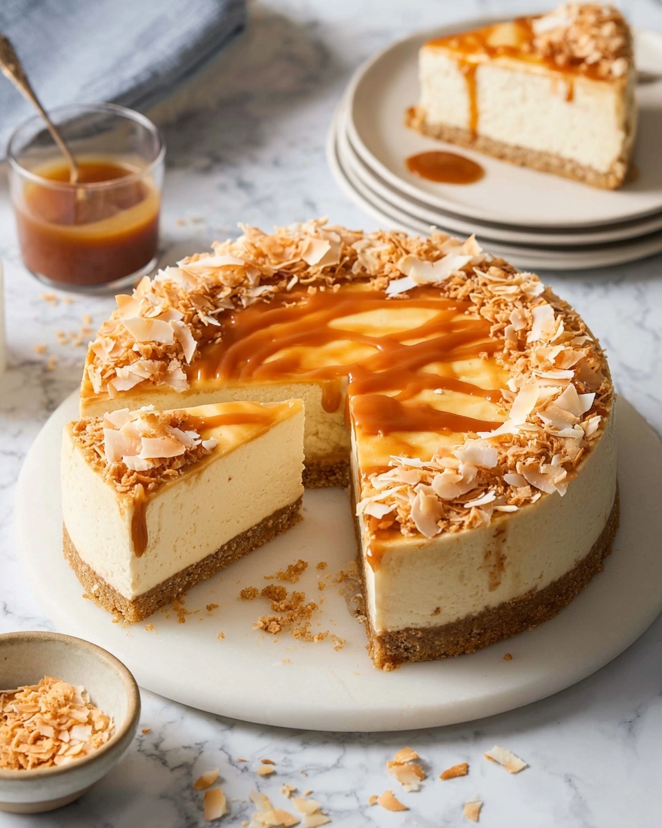 A round cheesecake with three thick layers: a light brown crumb crust at the bottom, a creamy off-white middle filling, and a smooth caramel layer on top with a shiny texture and slight drips over the side. The cake is decorated with light beige toasted coconut flakes around the edge. One slice is separated from the cake showing the layers clearly. The cheesecake sits on a white marble surface with a small bowl of toasted coconut flakes and a small glass cup of caramel sauce to the left. A white plate with another slice is in the background. photo taken with an iphone --ar 4:5 --v 7