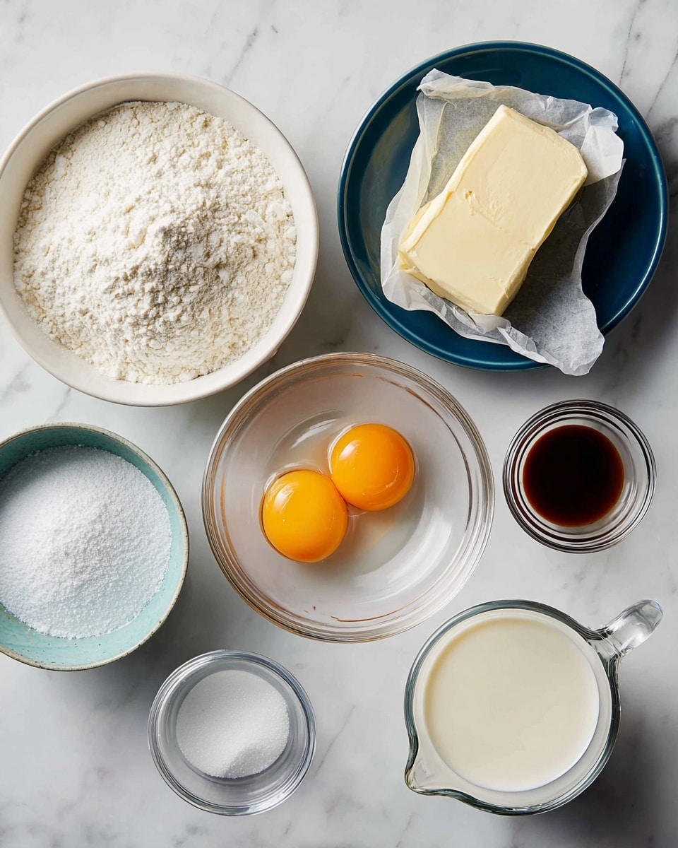 The image shows seven separate ingredients on a white marbled surface arranged neatly for baking. There's a large white bowl filled with granulated sugar on the bottom left, a dark blue bowl filled with flour on the top left, and a stick of butter wrapped in paper on the top right. In the center, a clear small bowl holds two raw eggs with bright orange yolks. A small clear bowl containing white powder, likely baking powder or baking soda, sits below the eggs. On the bottom right is a glass measuring cup filled with milk, and above it, a small clear bowl contains a dark brown liquid, likely vanilla extract. All items are evenly spaced in a flat lay style photo taken with an iphone --ar 4:5 --v 7