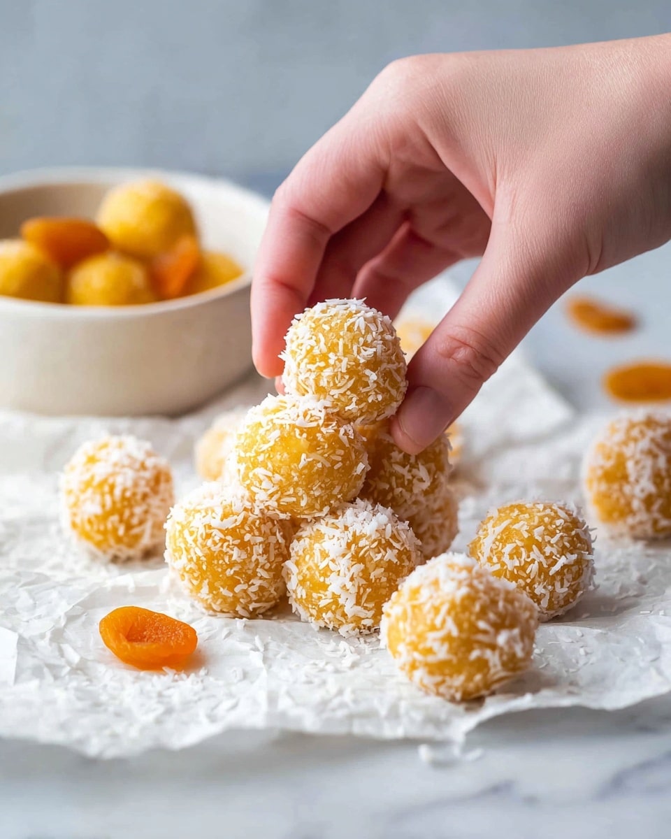 The image shows round golden yellow balls coated with white shredded coconut, arranged on crumpled white parchment paper over a white marble surface. There are small dried orange apricot pieces scattered around the balls. A woman's hand is gently holding a small stack of four balls in the center, lifting them slightly. In the background, there is a white bowl filled with more yellow balls, slightly out of focus. The overall look is bright and natural with soft lighting, emphasizing the texture of the coconut and the smoothness of the balls. photo taken with an iphone --ar 4:5 --v 7