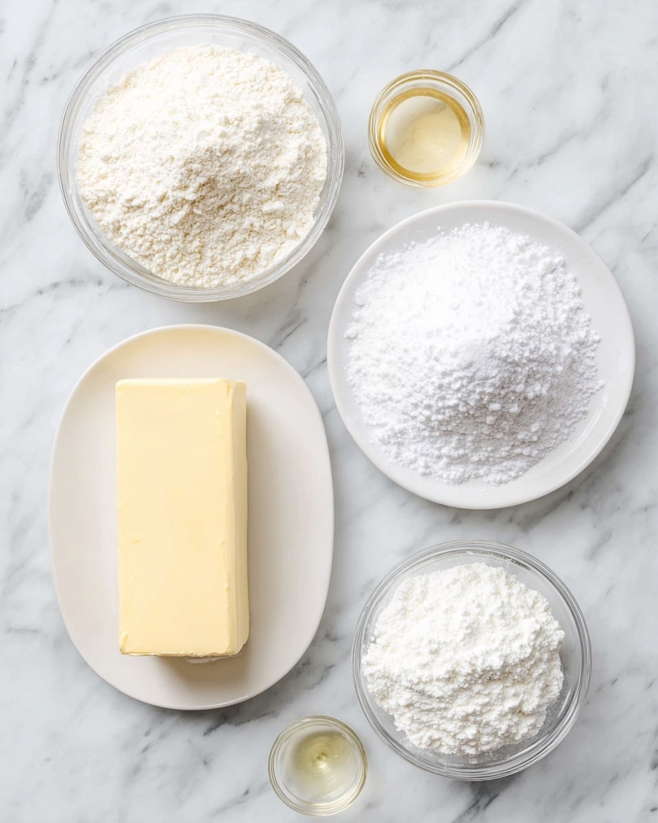 The image shows five separate ingredients arranged on a white marbled surface. At the top left, there is a clear glass bowl filled with white flour, having a fine and slightly crumbly texture. Below it is a solid rectangular block of pale yellow butter with smooth edges. At the top right, a white plate holds a mound of powdered sugar, looking very fluffy and bright white. Below the plate, a smaller clear glass bowl contains another fine white powder, similar in texture to the powdered sugar but slightly less dense. Lastly, near the bottom center, there is a tiny clear bowl with light golden liquid, likely vanilla extract. All the ingredients are neatly placed without overlapping, giving a clean and simple look. Photo taken with an iphone --ar 4:5 --v 7