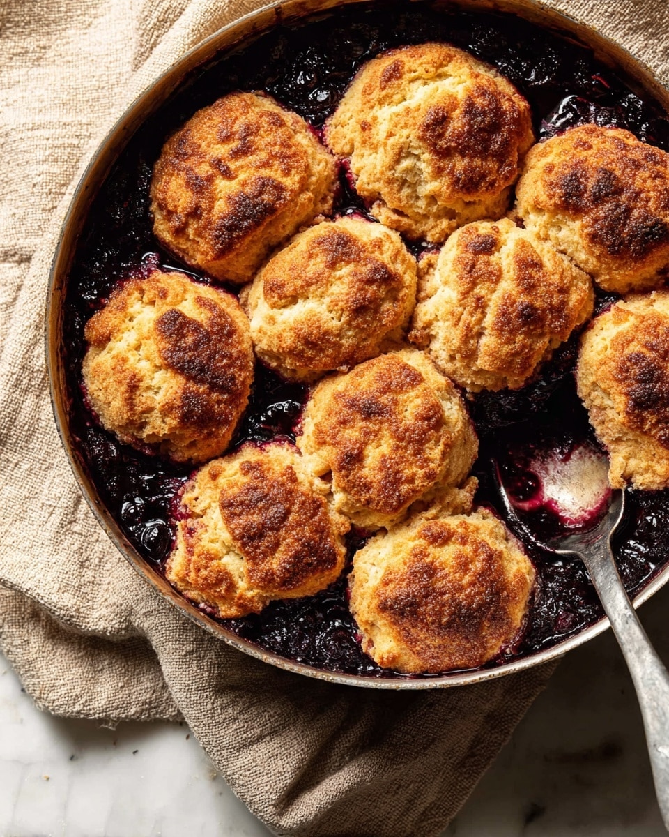 The image shows a round metal pan filled with golden brown biscuit-like dumplings arranged close together. The dumplings have a rough, slightly crispy texture on top with darker toasted spots. They sit on a dark, chunky fruit base, possibly made from cooked berries, which peek through in the spaces between the dumplings, adding deep purple and almost black tones. The pan rests on a beige cloth over a white marbled surface. The overall look is warm and rustic, with a mix of crunchy and juicy textures visible. photo taken with an iphone --ar 4:5 --v 7