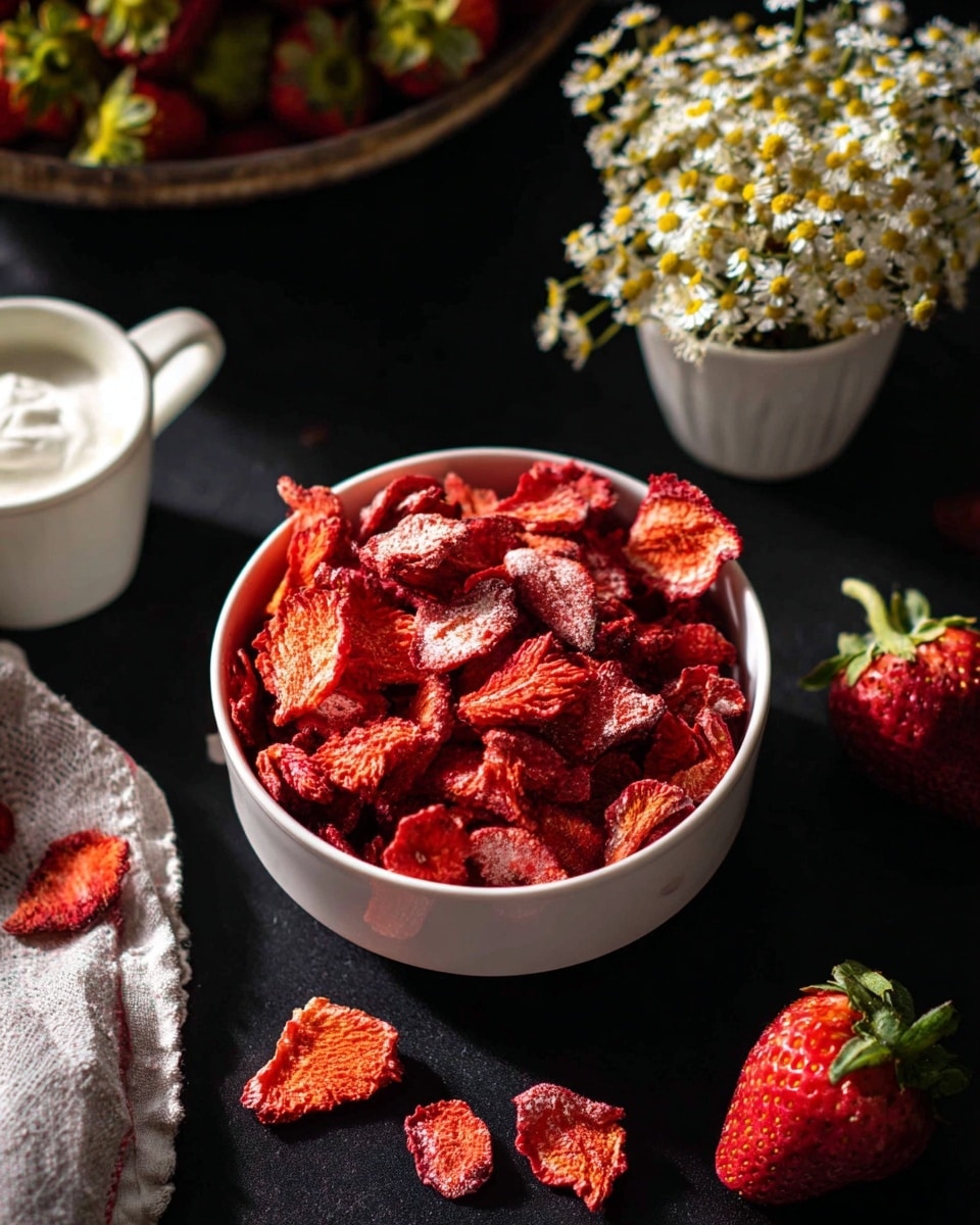 A white bowl filled with many pieces of bright red dried strawberry slices, showing varied shapes and detailed textures, sits on a black surface with a few strawberry pieces scattered around it. In the background, there is a small white cup with white cream and a separate white cup filled with white and yellow small flowers, adding a delicate touch to the scene. A couple of fresh strawberries lie near the bowl, with their green leafy tops visible. The whole setup is lit by warm light that creates soft shadows. photo taken with an iphone --ar 4:5 --v 7