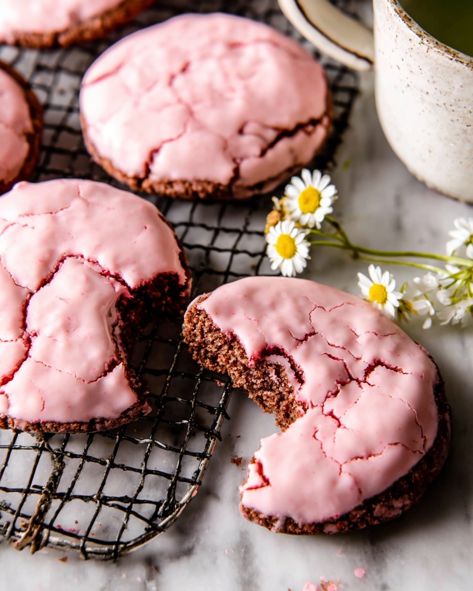 The image shows a close-up of four round cookies with a cracked, light pink icing layer on top, revealing a darker brown base layer underneath. One cookie is broken in half, showing the rough texture inside with the pink icing spreading unevenly over it. The cookies rest on a dark cooling rack that sits on a white marbled surface. To the right, a white ceramic cup with a few small white and yellow flowers adds a gentle touch to the scene. Photo taken with an iphone --ar 4:5 --v 7