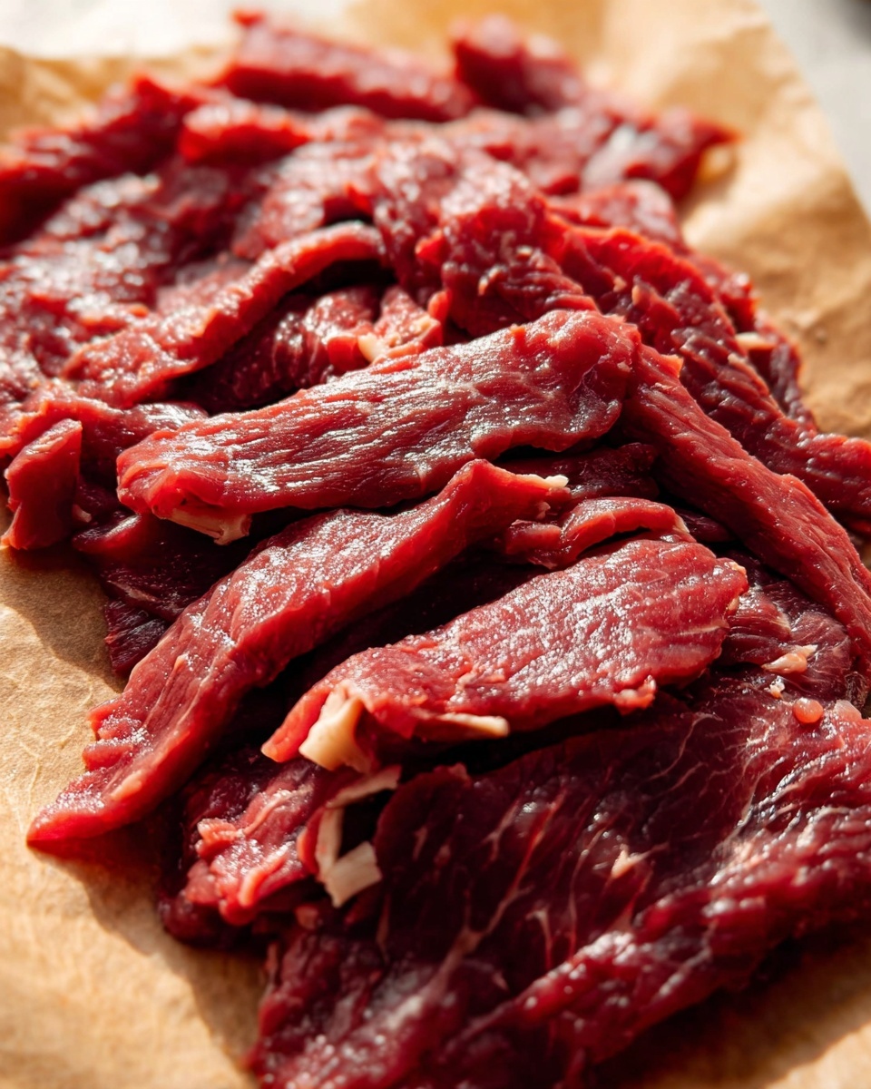 This image shows many thin slices of raw red meat with some white fat pieces mixed in, laid out in a loose pile on top of brown paper. The close-up view reveals the meat's shiny, moist texture and rich red color with streaks of fat running through it. The brown paper underneath contrasts with the red meat and the background is a white marbled texture. photo taken with an iphone --ar 4:5 --v 7