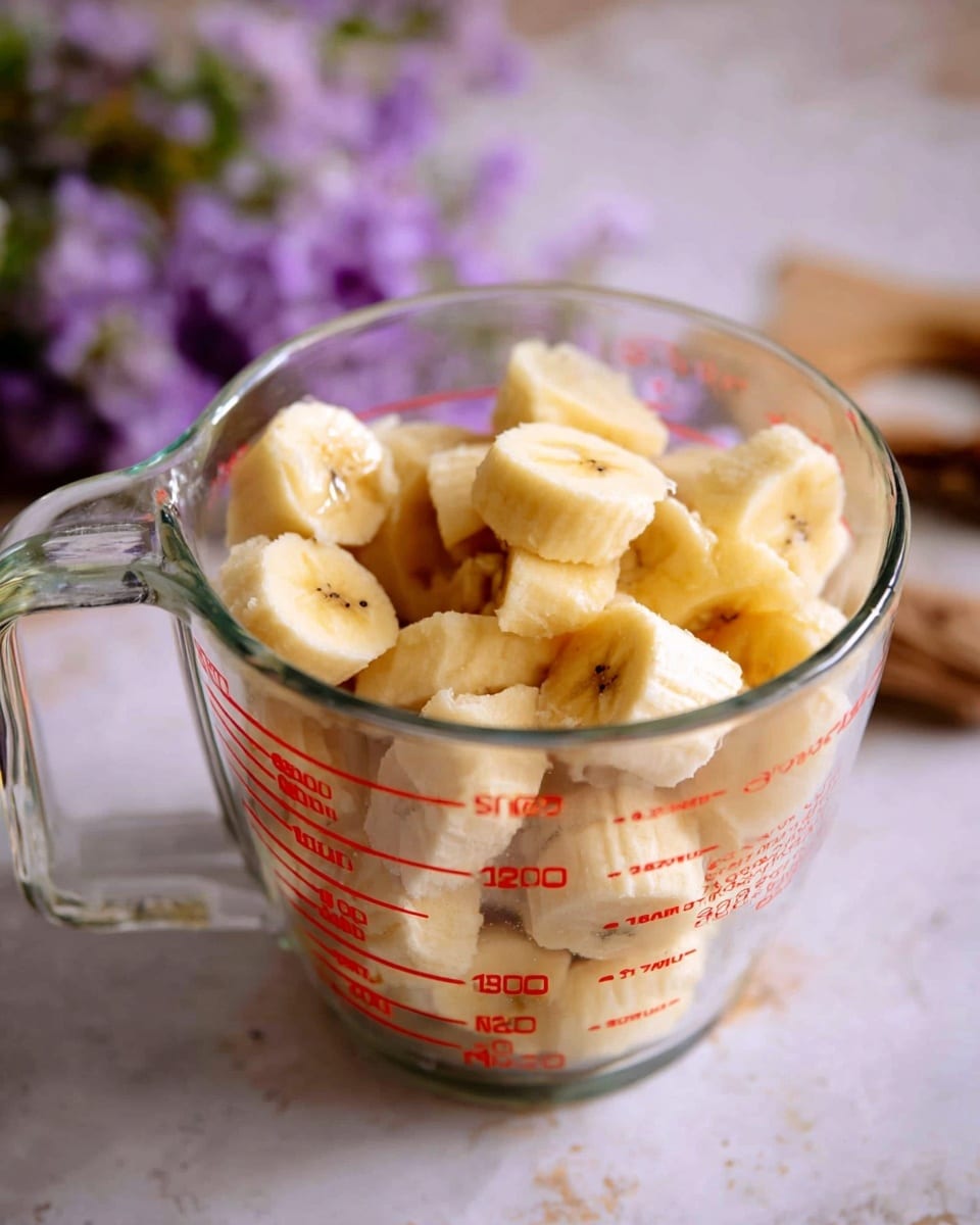 A clear glass measuring cup filled with chunks of peeled banana, the banana pieces are pale yellow with soft texture and small dark seeds visible in some pieces, stacked loosely inside the cup. The measuring cup has red measurement markings on the side, sitting on a white marbled surface. In the background, there is a blurry hint of purple flowers adding a soft touch of color. Photo taken with an iphone --ar 4:5 --v 7