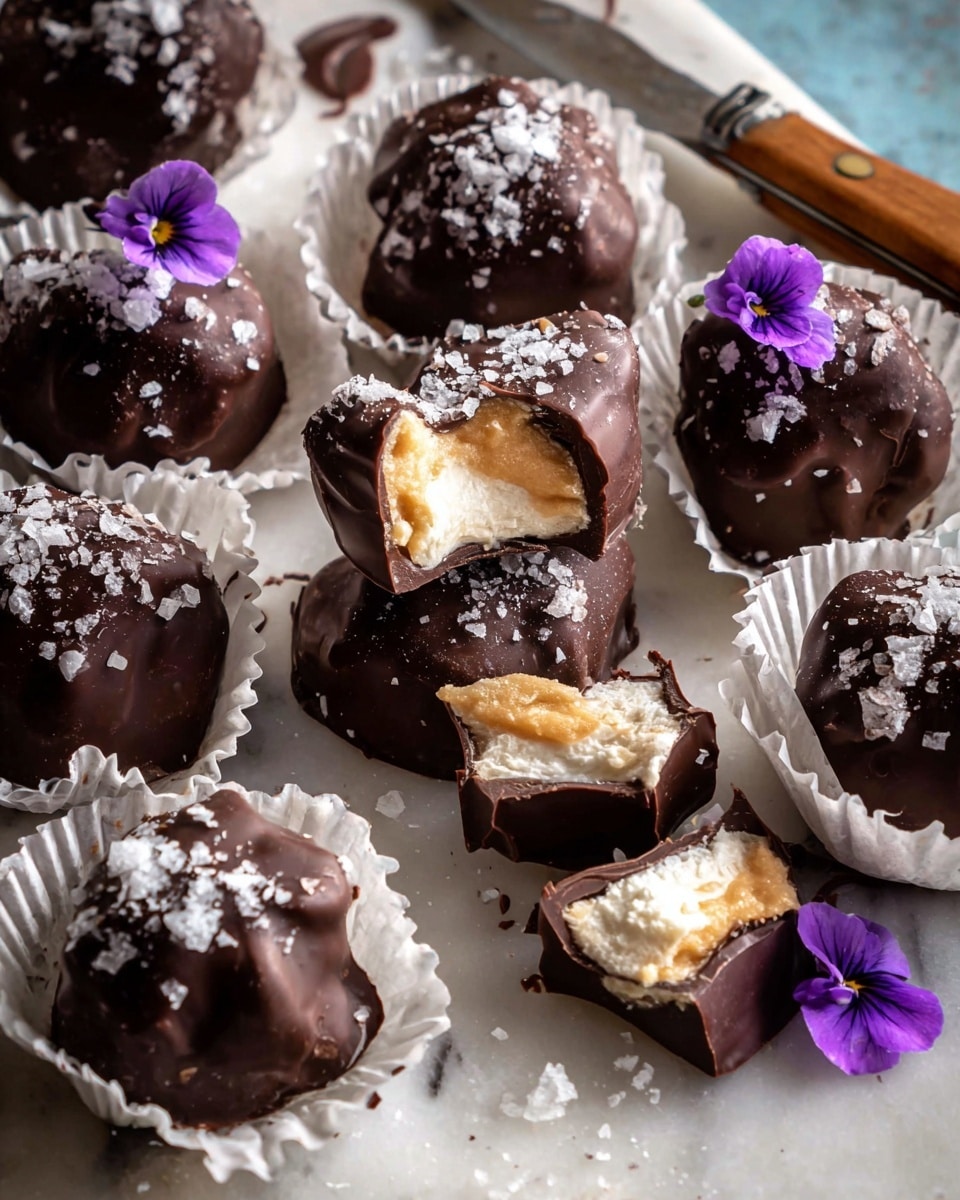 The image shows small chocolates covered in dark chocolate with a rough, slightly bumpy texture and sprinkled with coarse sea salt on top. Each piece sits in a white crinkled paper cup on a white marbled surface. Inside, the chocolates have a creamy white filling with a golden caramel layer floating just inside the dark chocolate shell. One piece is broken in half, revealing these layers clearly, while a small purple edible flower sits on another piece, adding a pop of color. In the background, there is a wooden-handled knife laying on the surface. photo taken with an iphone --ar 4:5 --v 7