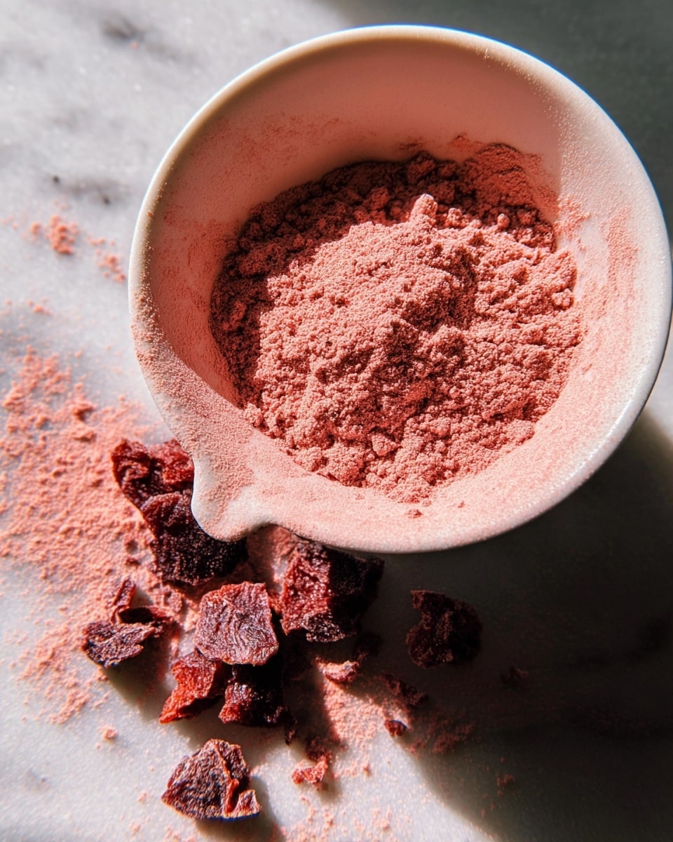 A white bowl filled with a loose mound of pinkish-red powder, showing fine texture with some small chunks mixed in. Around the bowl, pieces of dried, crushed red fruit are scattered on top of a white marbled surface. The bowl has a smooth inside and a spout at the front. Sunlight casts soft shadows, highlighting the powder’s grainy surface and the rough texture of the dried fruit pieces outside. photo taken with an iphone --ar 4:5 --v 7