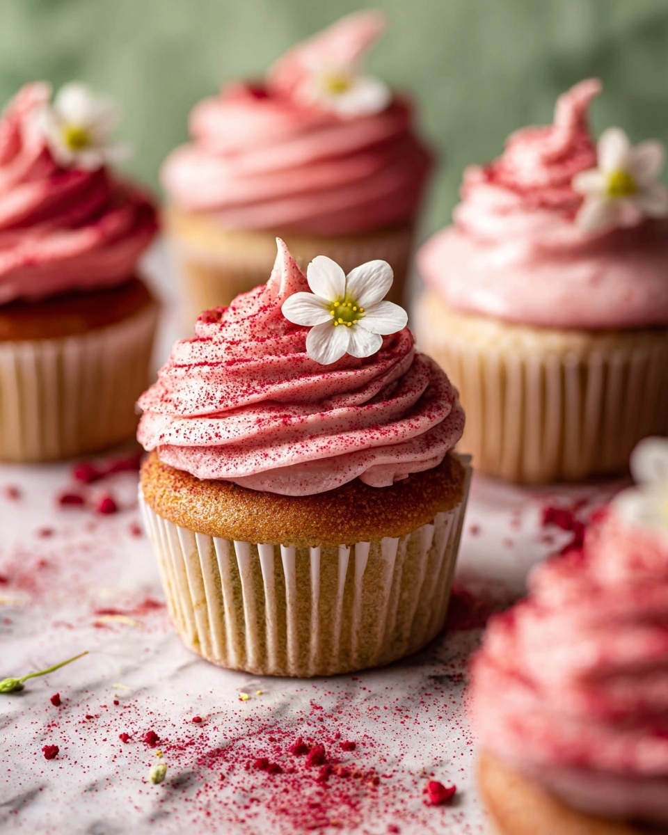 The image shows several cupcakes with two layers each: the bottom layer is a light brown cake wrapped in a beige paper liner, and the top layer is a tall swirl of smooth pink frosting dusted with red powder. One cupcake in the front is decorated with two small white flowers with yellow centers on green stems placed on top of the frosting. Around the cupcakes, there are scattered crumbs and red powder on a white marbled surface. The background is softly blurred, focusing on the detailed texture of the frosting and cake. photo taken with an iphone --ar 4:5 --v 7