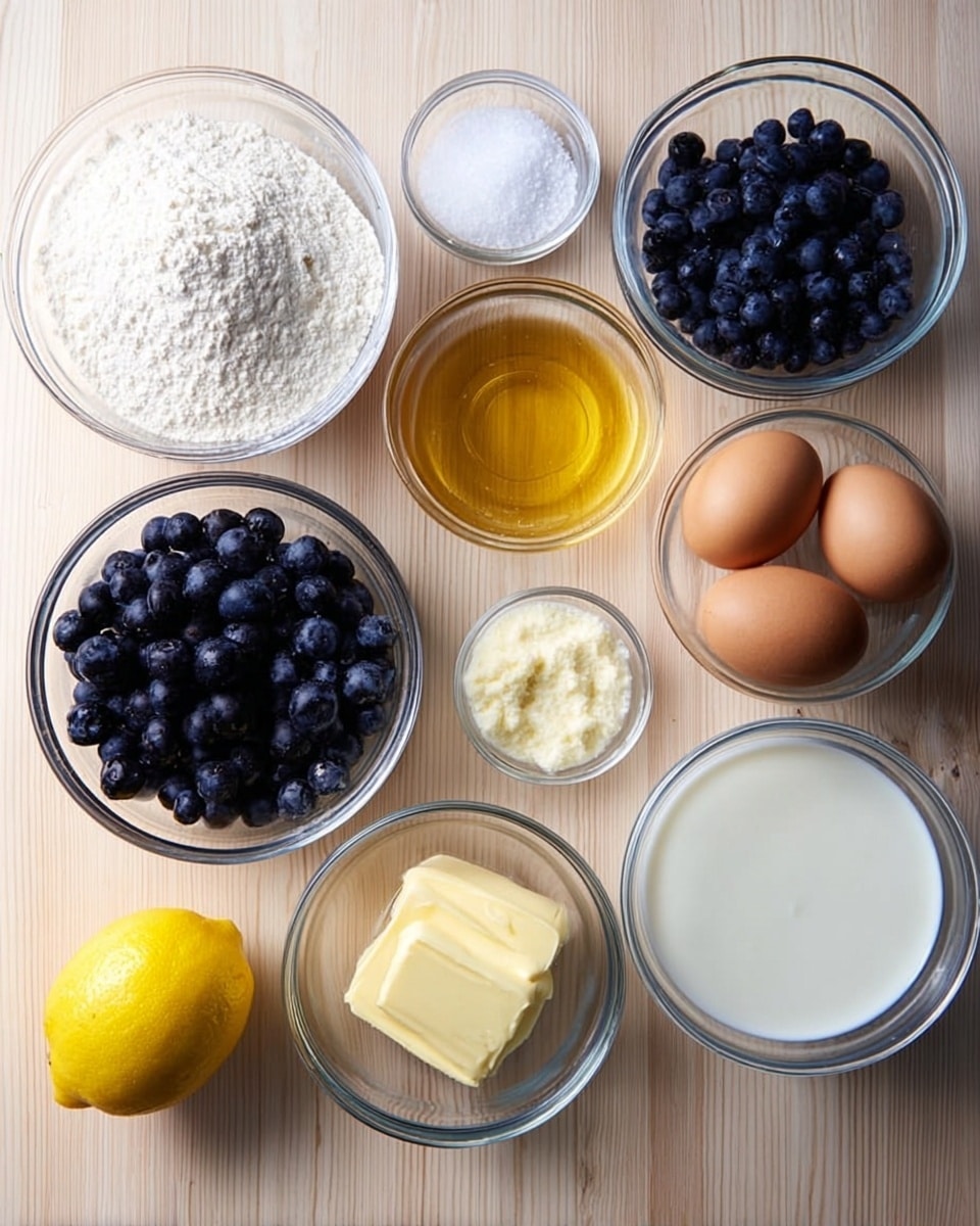 Nine clear glass bowls and one whole lemon are arranged on a light wooden surface. The bowls hold different ingredients: a bowl of white flour, a bowl with white granulated sugar, a small bowl with golden honey, a bowl filled with fresh dark blue blueberries, a bowl with three brown eggs, a bowl with white milk, a small bowl with a pat of light yellow butter, and a small bowl containing white salt. The lemon is bright yellow and whole, placed in the bottom left corner. The image is bright and clear with a natural light look. photo taken with an iphone --ar 4:5 --v 7