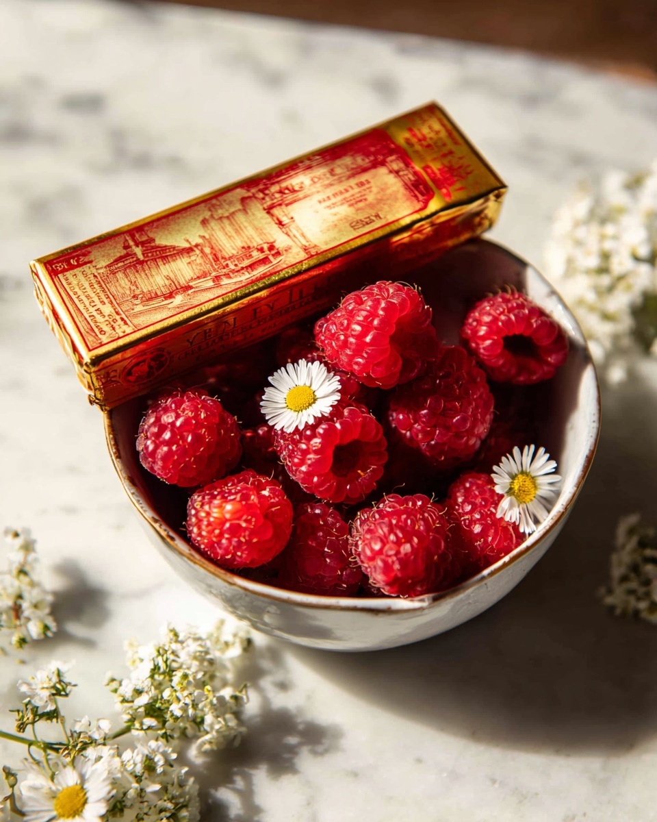 A white bowl filled with bright red raspberries, some adorned with small white daisy-like flowers placed on top of and around the berries. Resting on the rim of the bowl is a rectangular gold and red wrapped butter stick, featuring vintage-style text and drawings. The bowl is set on a white marbled surface with a few small white flowers scattered nearby, and warm natural light highlights the rich colors and textures. Photo taken with an iphone --ar 4:5 --v 7