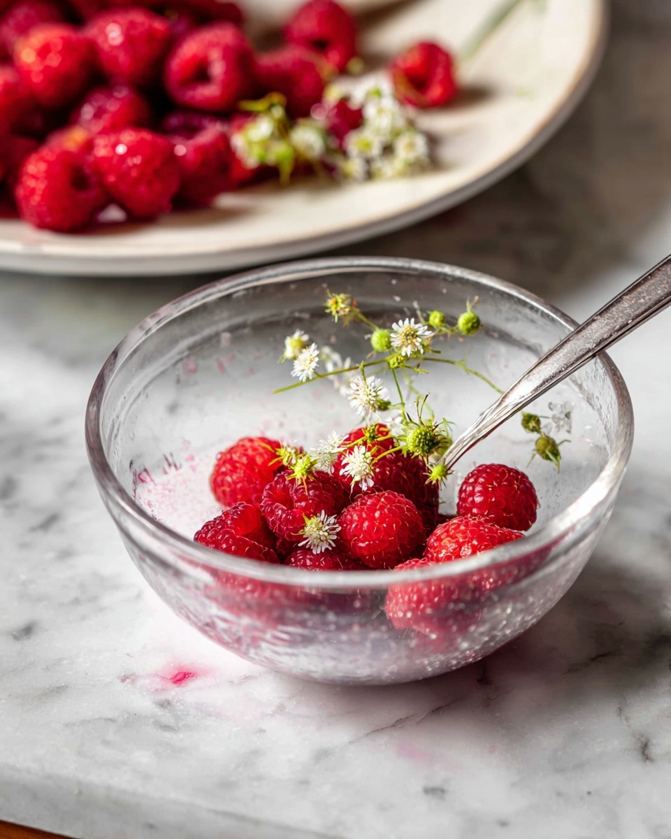 A clear glass bowl sits on a white marbled surface, holding a small pile of bright red raspberries with a few small green stems and tiny white flowers on top. The inside of the bowl has some pinkish smudges, likely from the raspberries, and a silver spoon rests inside, angled to the right. In the background, a white plate holds more raspberries and similar small white flowers, slightly out of focus. Photo taken with an iphone --ar 4:5 --v 7