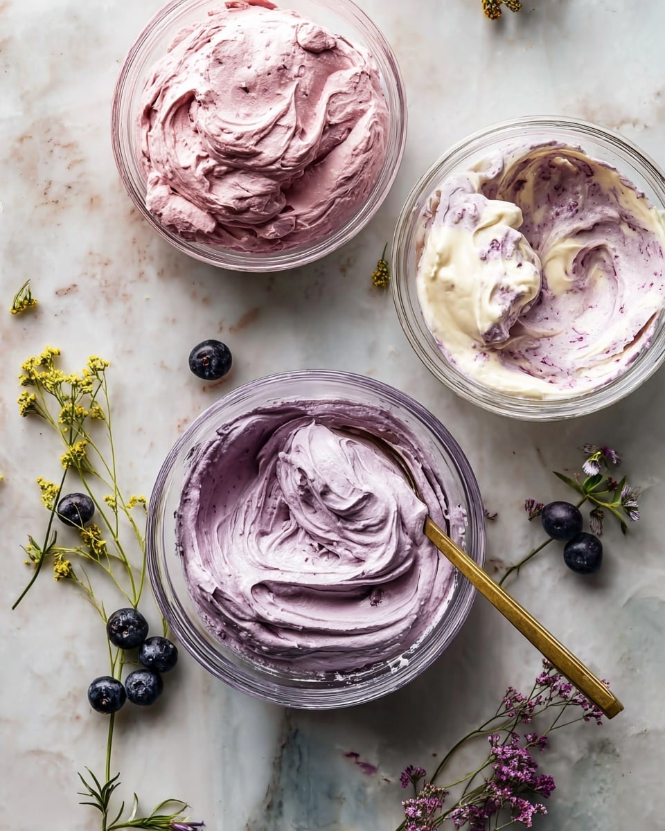 Three clear glass bowls sit on a white marbled surface, each holding creamy mixtures swirled with shades of light purple and white. The largest bowl at the bottom center holds a thick, smooth mixture with soft folds and a gentle purple tint. To the top left, a medium bowl has a more textured, whipped mixture in a pinkish-purple shade with some visible darker patches. The smallest bowl to the right contains a lighter swirl of white and purple cream, with a gold spoon resting inside, coated with the same creamy mixture. Scattered around on the surface are small dark blueberries and sprigs of small purple and yellow flowers. Photo taken with an iphone --ar 4:5 --v 7