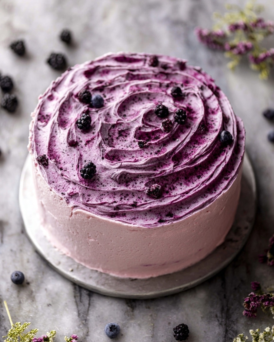 A round cake with two main layers of frosting swirled on top, the base layer is a soft pale pink frosting covering the sides and edges evenly, while the top has a thicker layer with bold swirls of deep purple mixed with light pink, creating a textured pattern with small dark berry pieces spread throughout. The cake sits on a silver stand placed on a white marbled surface with scattered dark berries and tiny purple flowers around it. photo taken with an iphone --ar 4:5 --v 7