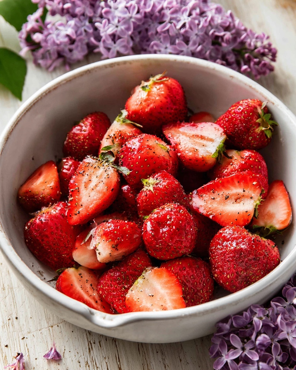 The image shows a white ceramic bowl filled with bright red strawberries, some whole with green tops and others cut in half showing their juicy interior. The strawberries are sprinkled with a fine layer of black pepper, adding texture and color contrast on the shiny fruit. The bowl is placed on a light wood surface with purple lilac flowers resting partially on the bowl's edge, giving a fresh and natural feel. The overall scene is bright and close-up, focusing on the vivid red strawberries and the small details like pepper spots and flower petals. photo taken with an iphone --ar 4:5 --v 7