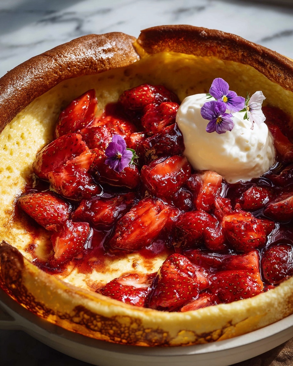 A tall, golden-brown puffed pancake forms the base layer in a round white bowl, with a slightly crisp and uneven edge. On top, there is a thick layer of glossy, red strawberries, some whole and some sliced, mixed with a shiny, syrup-like sauce. A dollop of smooth white cream sits on one side of the strawberries, topped with a tiny purple flower for decoration. The dish rests on a white marbled surface, with soft natural light highlighting the textures. Photo taken with an iphone --ar 4:5 --v 7
