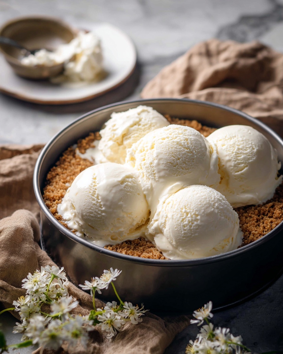 The image shows five large scoops of creamy white ice cream placed on top of a light brown crumbly base inside a round silver springform pan. The base looks crunchy and thick, filling the bottom of the pan. The pan sits on a light brown crumpled fabric with small white flowers scattered nearby. In the background, there is a white plate with a small rustic bowl holding a bit of ice cream, all set on a white marbled surface. The lighting highlights the smooth and soft texture of the ice cream and the rough crumbly base photo taken with an iphone --ar 4:5 --v 7