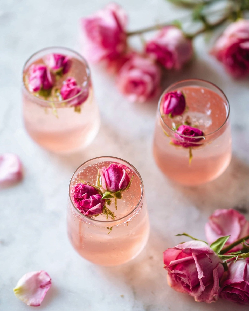 Three clear glasses filled with a light pink sparkling drink are placed on a white marbled surface. Each glass is topped with small bright pink rosebuds floating on the surface. Around the glasses, there are loose pink roses with green stems lying on the white marbled background. The image is bright and fresh with soft focus on the flowers and drink. photo taken with an iphone --ar 4:5 --v 7