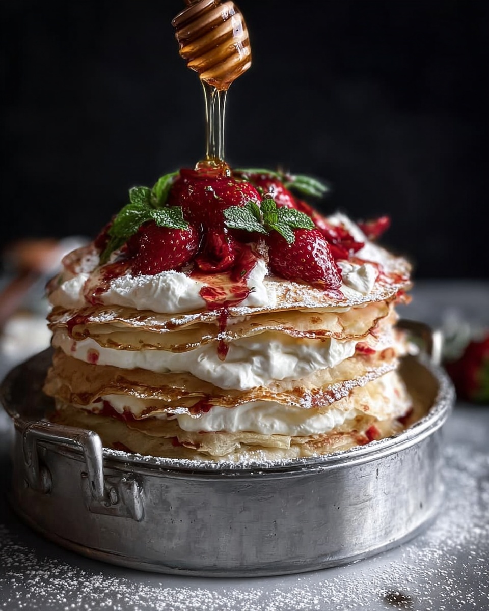 A tall stack of four thin, light golden crepes is layered with thick white cream between each one. The top layer has bright red strawberries and green mint leaves, with shiny honey dripping down from a honey dipper held above. The crepes and cream are on a round metal tin, sitting on a white marbled surface, sprinkled lightly with powdered sugar around. The background is dark, making the stack look bright and fresh. Photo taken with an iphone --ar 4:5 --v 7