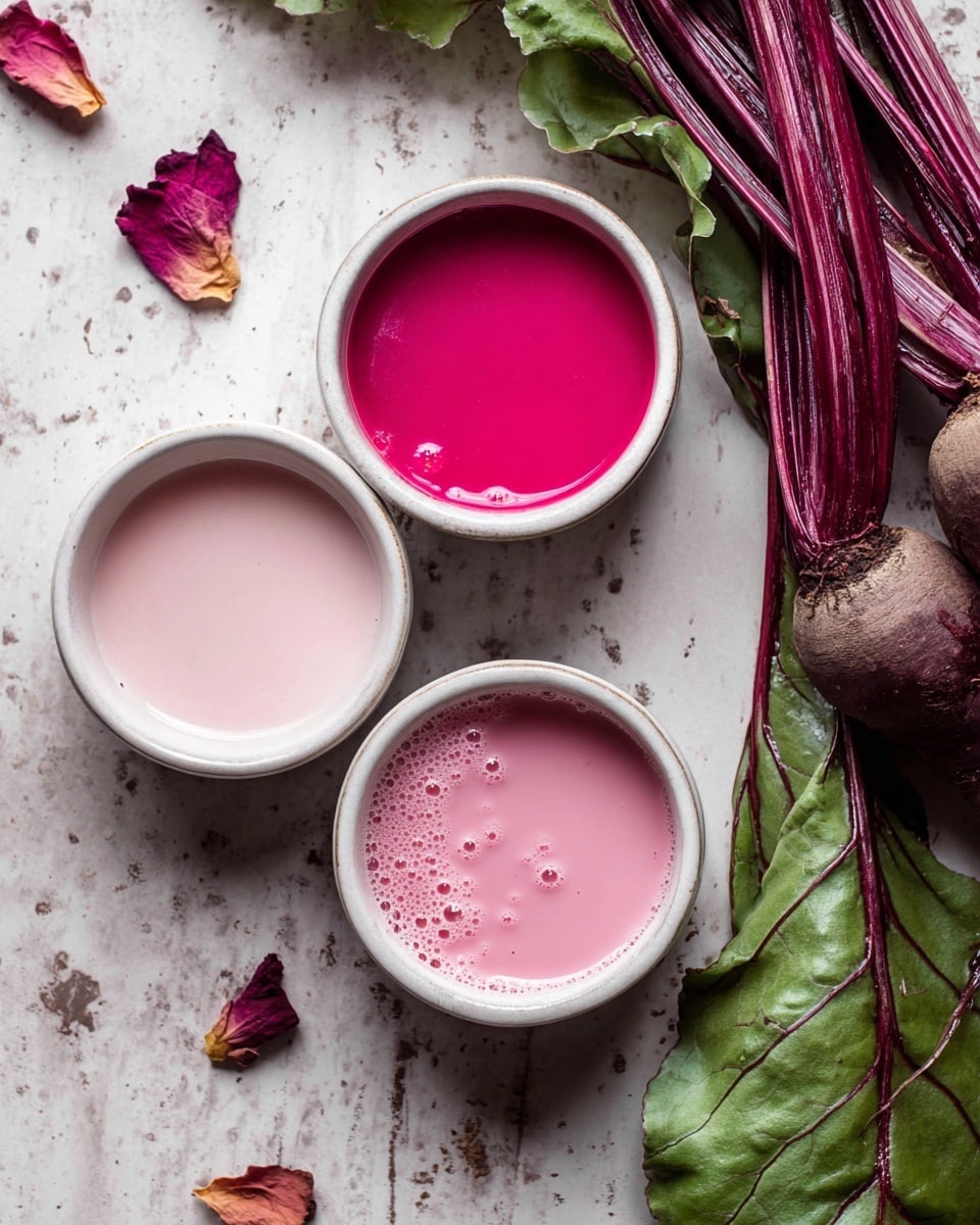 The image shows three small white bowls arranged in a triangle on a white marbled surface. Each bowl is filled with a smooth, creamy liquid in different shades of pink: the top left bowl has a pale pink liquid, the top right bowl has a bright, deep pink liquid with some bubbles, and the bottom left bowl has a soft pastel pink liquid with bubbles. To the right of the bowls, there is a fresh beetroot with dark purple-pink stems and large green leaves extending out of the frame. There are also a few dried rose petals scattered near the top left corner. The scene has a natural, fresh feel with a rustic touch. photo taken with an iphone --ar 4:5 --v 7