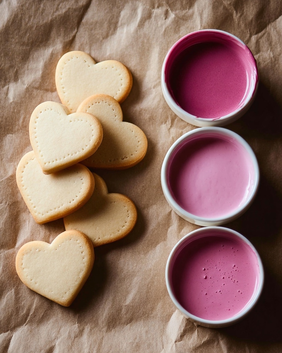 The image shows a group of plain heart-shaped and scalloped-edged cookies arranged in a column on the left side, with the cookies stacked and overlapping slightly. On the right side, there are three small white bowls filled with different shades of pink icing, from dark to light, placed vertically in a line. The background is a crinkled light brown paper, but it should be imagined as a white marbled surface. The lighting softly highlights the smooth texture of the cookies and the glossy, slightly bubbly surface of the icing in the bowls. Photo taken with an iphone --ar 4:5 --v 7