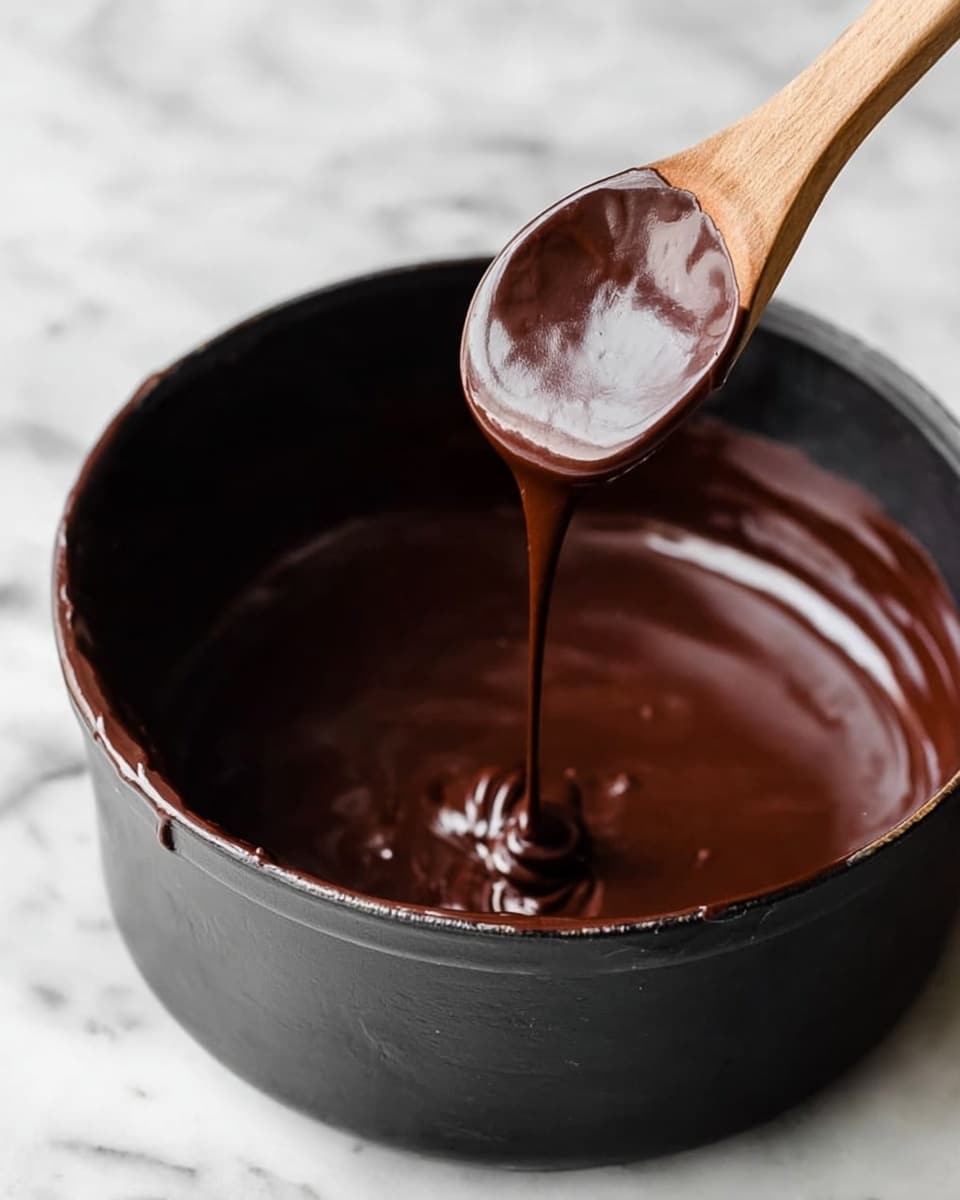 A close-up view of a black pot filled with thick, smooth, dark brown chocolate sauce, with a wooden spoon lifting some sauce that slowly drips back into the pot. The chocolate texture looks creamy and shiny, showing a rich consistency. The pot sits on a white marbled surface, adding contrast to the dark chocolate and the natural wooden color of the spoon. Photo taken with an iphone --ar 4:5 --v 7