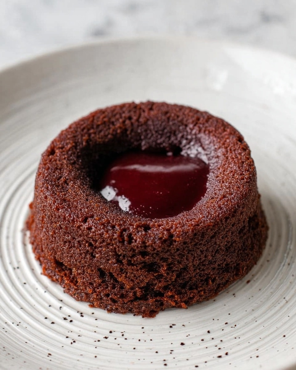 The image shows a round chocolate lava cake with a rough, dark brown outer layer that looks soft and moist. The cake has a deep hollow in the center filled with shiny, melted chocolate, which is smooth and slightly glossy. The cake sits alone on a white plate with subtle circular ridges and small dark speckles, placed on a white marbled surface. photo taken with an iphone --ar 4:5 --v 7