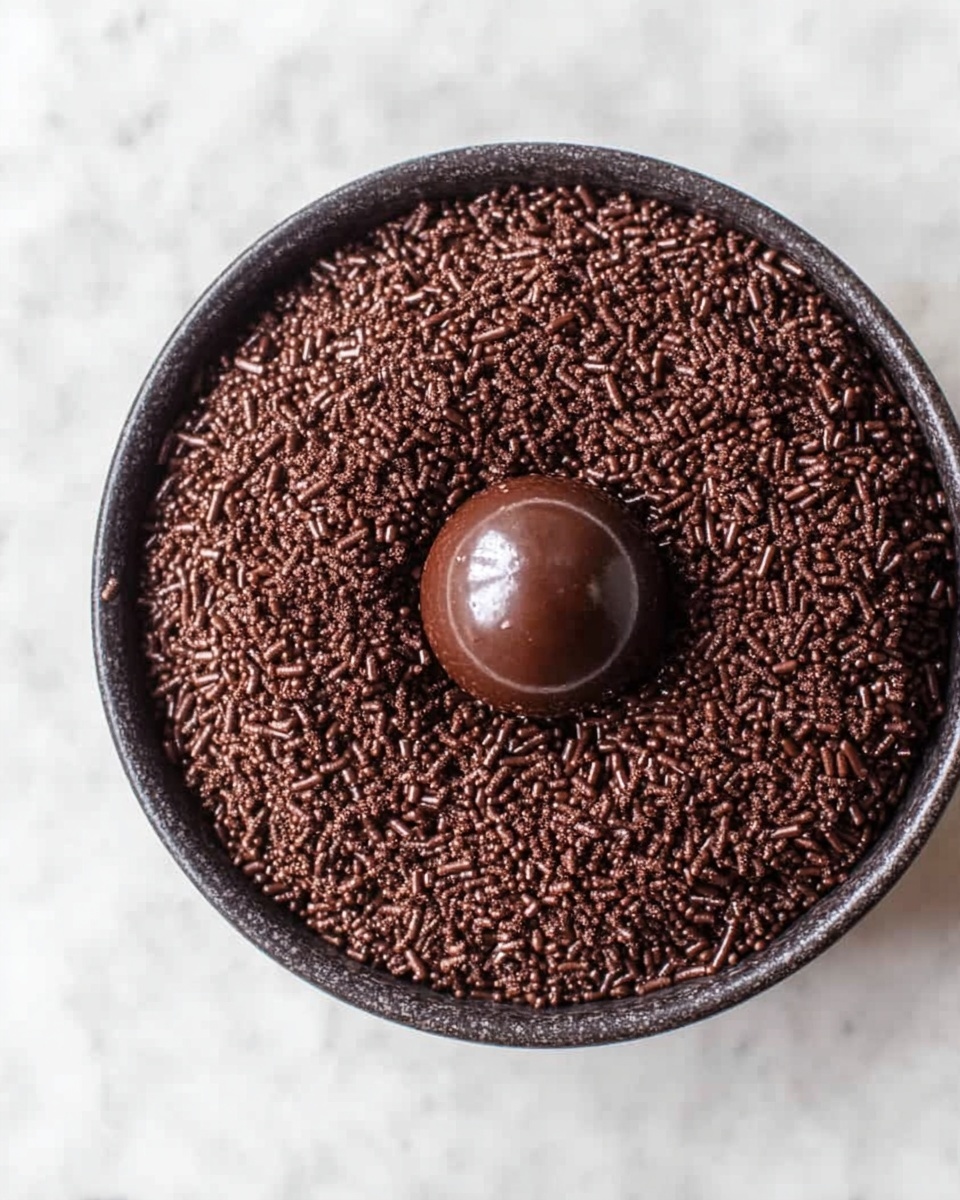 A close-up top view of a round dark bowl filled completely with small chocolate sprinkles, creating a thick, textured, and slightly uneven dark brown layer. In the center sits a single shiny smooth chocolate ball with a reflective surface, standing out against the matte sprinkles. The bowl is placed on a white marbled surface that adds a soft contrast, and the image is brightly lit to highlight the rich brown colors and textures of the chocolate elements. photo taken with an iphone --ar 4:5 --v 7