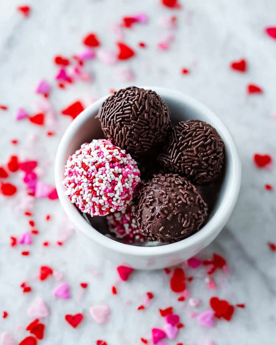 A white bowl filled with five round truffle balls, four covered in dark brown chocolate sprinkles and one covered in red, pink, white, and small heart-shaped sprinkles, placed on a white marbled surface with scattered red, pink, white, and heart-shaped sprinkles around the bowl, creating a soft and colorful texture contrast photo taken with an iphone --ar 4:5 --v 7