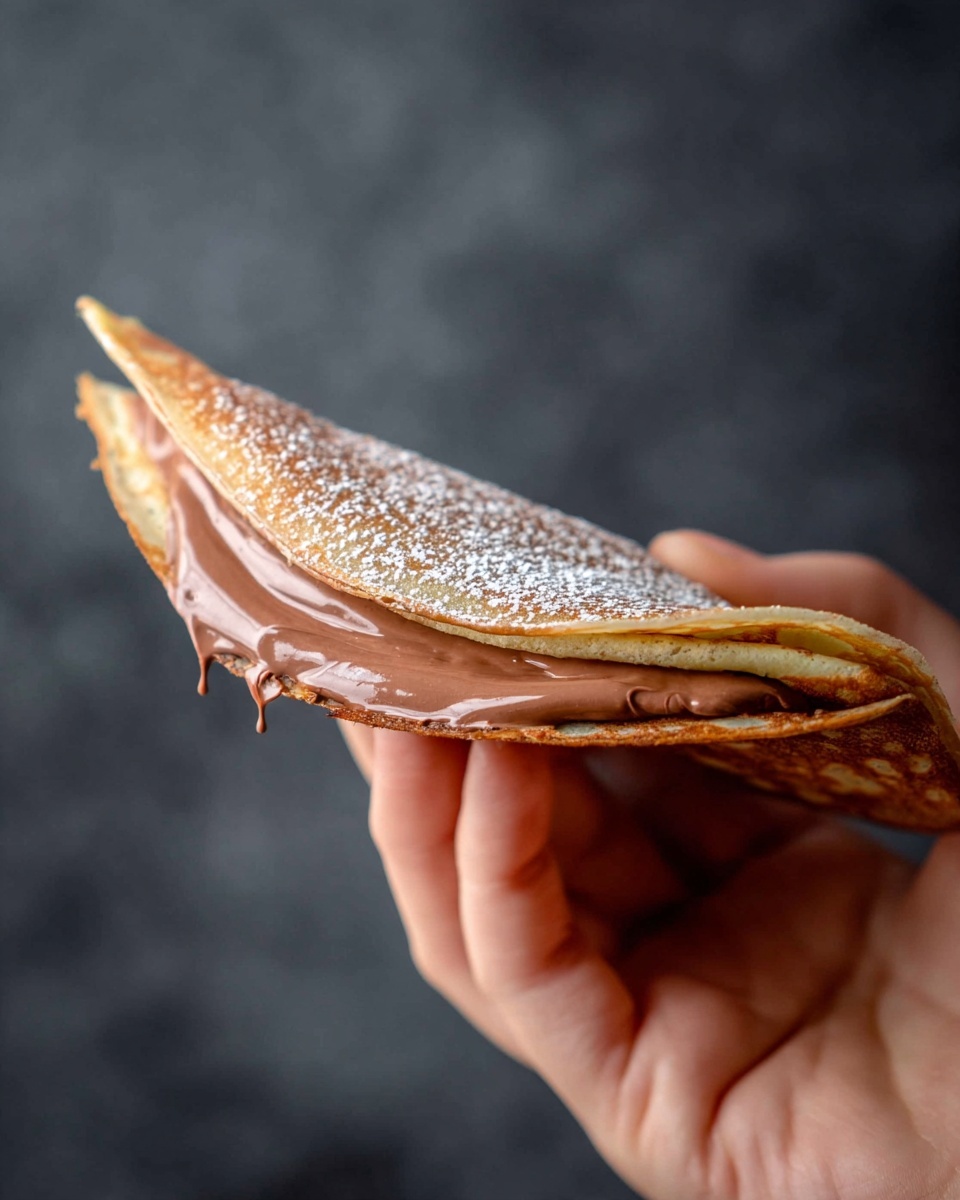 A close-up of a woman's hand holding a folded crepe with two visible layers: the top layer is a thin, light brown crepe dusted lightly with powdered sugar, and beneath it, a thick layer of smooth, shiny chocolate spread that is slightly dripping down from the edge. The background shows a blurred dark gray texture, making the crepe and chocolate stand out clearly. Photo taken with an iphone --ar 4:5 --v 7