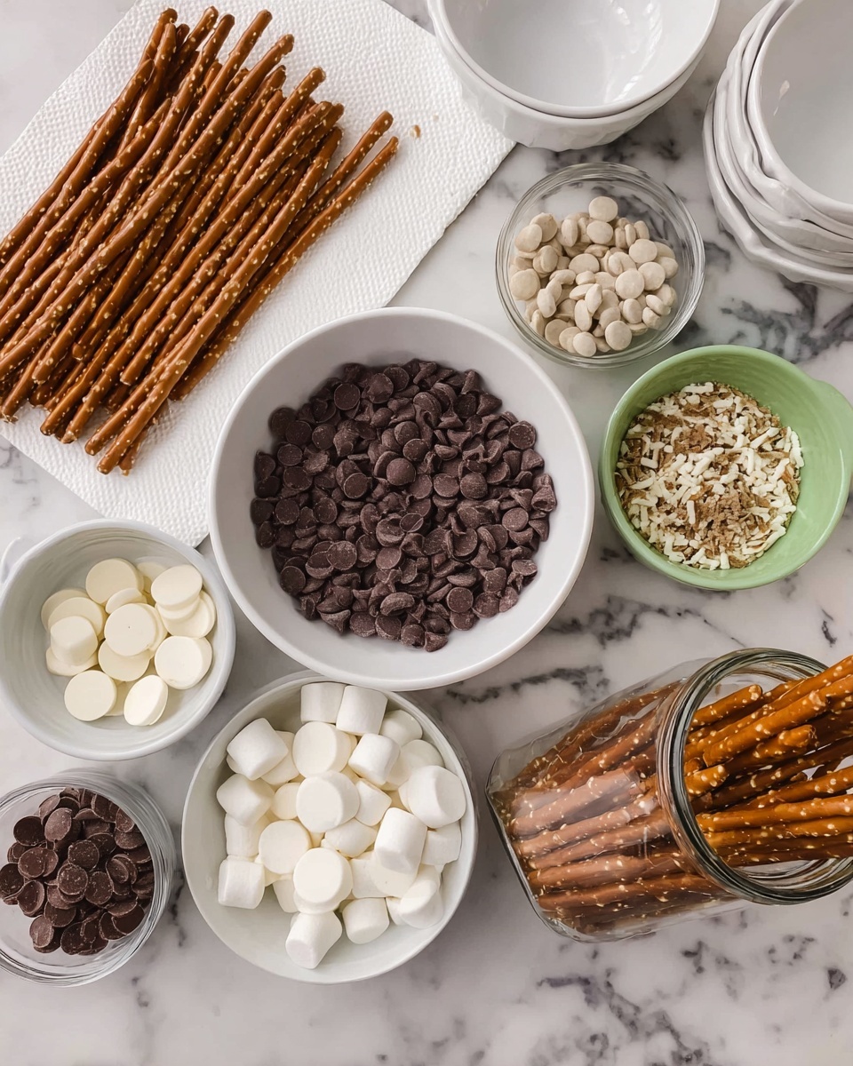 The image shows a white marbled surface with several bowls and containers arranged neatly, holding ingredients for a snack. In the center is a white bowl filled with dark chocolate chips, and nearby is a smaller white bowl with white chocolate discs. To the top right is a green bowl with more dark chocolate chips. A small glass bowl contains mini marshmallows, another has chocolate sprinkles, and another holds crushed nuts. To the right, a glass jar is filled with pretzel sticks standing upright. On the left side, pretzel sticks lay flat on a white paper towel. Two white ceramic bowls are stacked empty in the back. All the items are placed with care, showing textures from smooth chocolate to crunchy pretzels, set on a clean white marbled surface. photo taken with an iphone --ar 4:5 --v 7