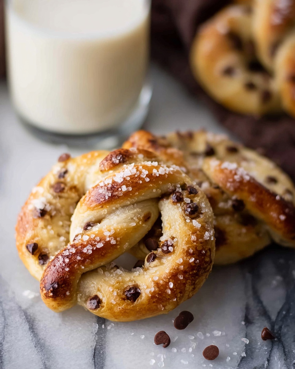 In the image, there are two twisted pretzels resting on a white marbled surface. Each pretzel is a light golden color with slightly darker, toasted edges and is filled with melted chocolate chips that peek out from inside the twisted dough. Sprinkled sea salt adds texture and a shiny touch on top of the soft pretzel dough. One pretzel is close and in focus, showing the smooth, glossy surface with chocolate chips embedded unevenly and a few scattered around it. In the background, a clear glass filled with a white beverage sits slightly blurred, enhancing the warm, fresh-baked look of the pretzels. The scene is cozy and inviting, with a close-up view emphasizing the textures and details of the baked pretzels. Photo taken with an iphone --ar 4:5 --v 7