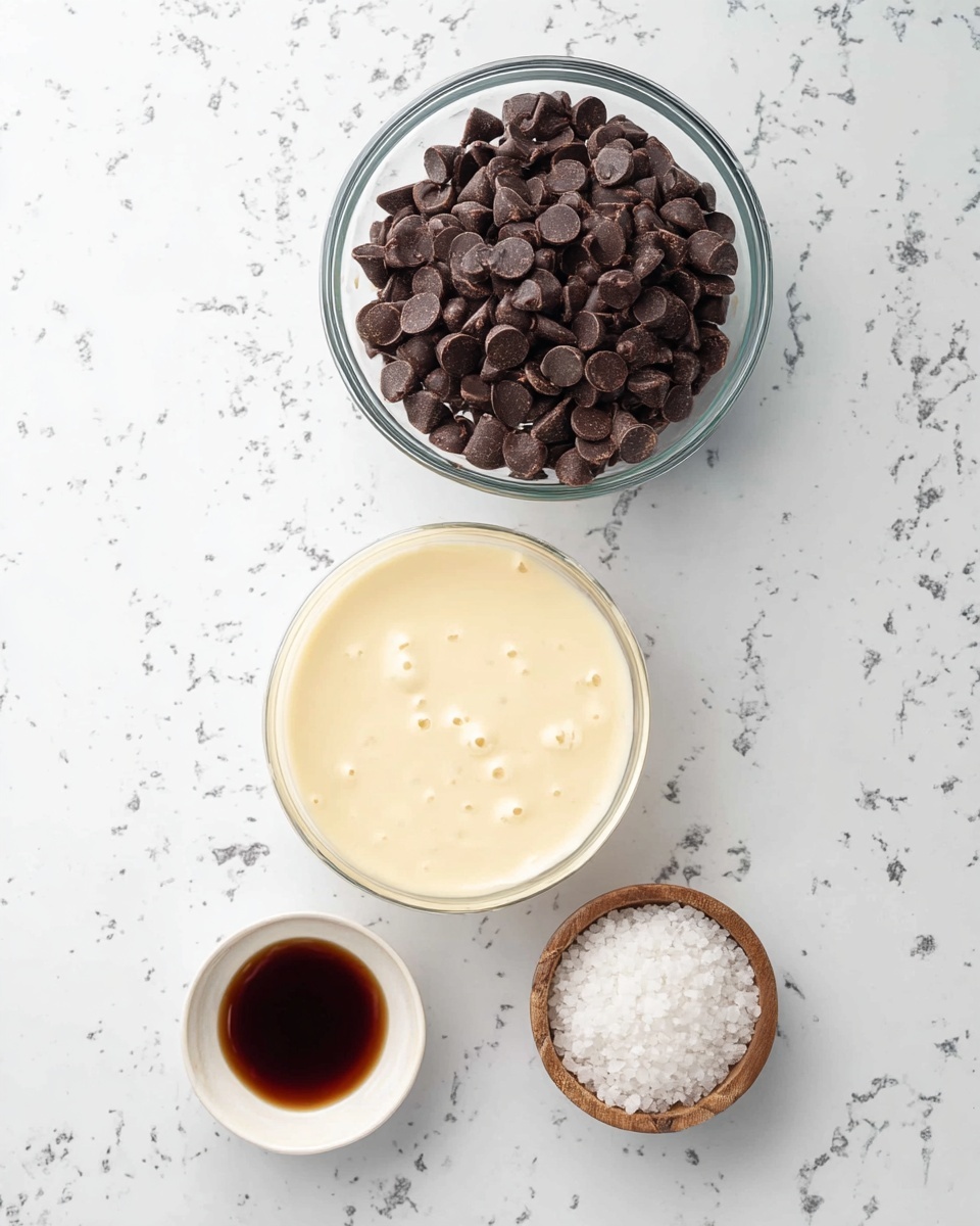 The image shows four bowls arranged on a white marbled surface. At the top, there is a large clear glass bowl full of dark brown chocolate chips with smooth, slightly shiny surfaces. Below it is a medium clear glass bowl filled with cream-colored batter or liquid, which appears smooth and thick with some small bubbles on top. At the bottom left, there is a small white bowl containing a small amount of dark brown vanilla extract, shiny and reflective. On the bottom right, there is a small wooden bowl holding white granulated salt, with a coarse texture visible at the surface. photo taken with an iphone --ar 4:5 --v 7