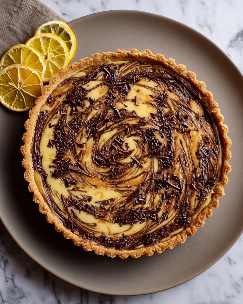 The image shows a round tart with a golden brown crust and a swirled top made of light beige creamy filling mixed with dark brown chocolate in a marbled pattern. The tart has a slightly raised, flaky edge. It is placed on a smooth white plate. To the top left side of the plate, there are thin slices of dried lemon arranged in a neat pile. The whole setup sits on a white marbled surface. The photo taken with an iphone --ar 4:5 --v 7