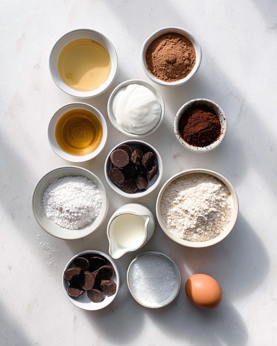 Twelve small white bowls and a single brown egg are arranged on a white marbled surface in three irregular vertical columns. The bowls contain various baking ingredients: a light golden liquid, a light tan foam, a small amount of white powder, a thick white creamy ingredient, a fine brown powder, a small jug of white milk, a darker brown powder, round dark chocolate pieces, a small amount of white granulated sugar, white flour, and light brown sugar. The egg is placed alone near the bottom right side of the arrangement. The lighting is bright and natural, casting soft shadows. Photo taken with an iphone --ar 4:5 --v 7