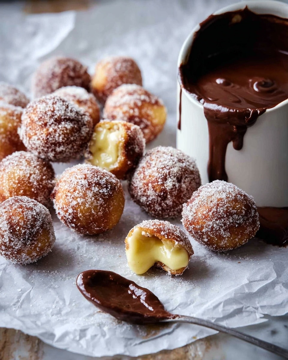 The image shows a group of round doughnut balls covered in granulated sugar, some with a creamy yellow filling peeking out. They are scattered on a sheet of white parchment paper placed on a white marbled surface. Nearby, there is a white small pot filled with smooth chocolate sauce, with some chocolate dripping down the side. In the foreground, a spoon with thick chocolate sauce rests on the surface, adding a rich, dark contrast to the lighter doughnut balls. The overall scene is focused and inviting. photo taken with an iphone --ar 4:5 --v 7