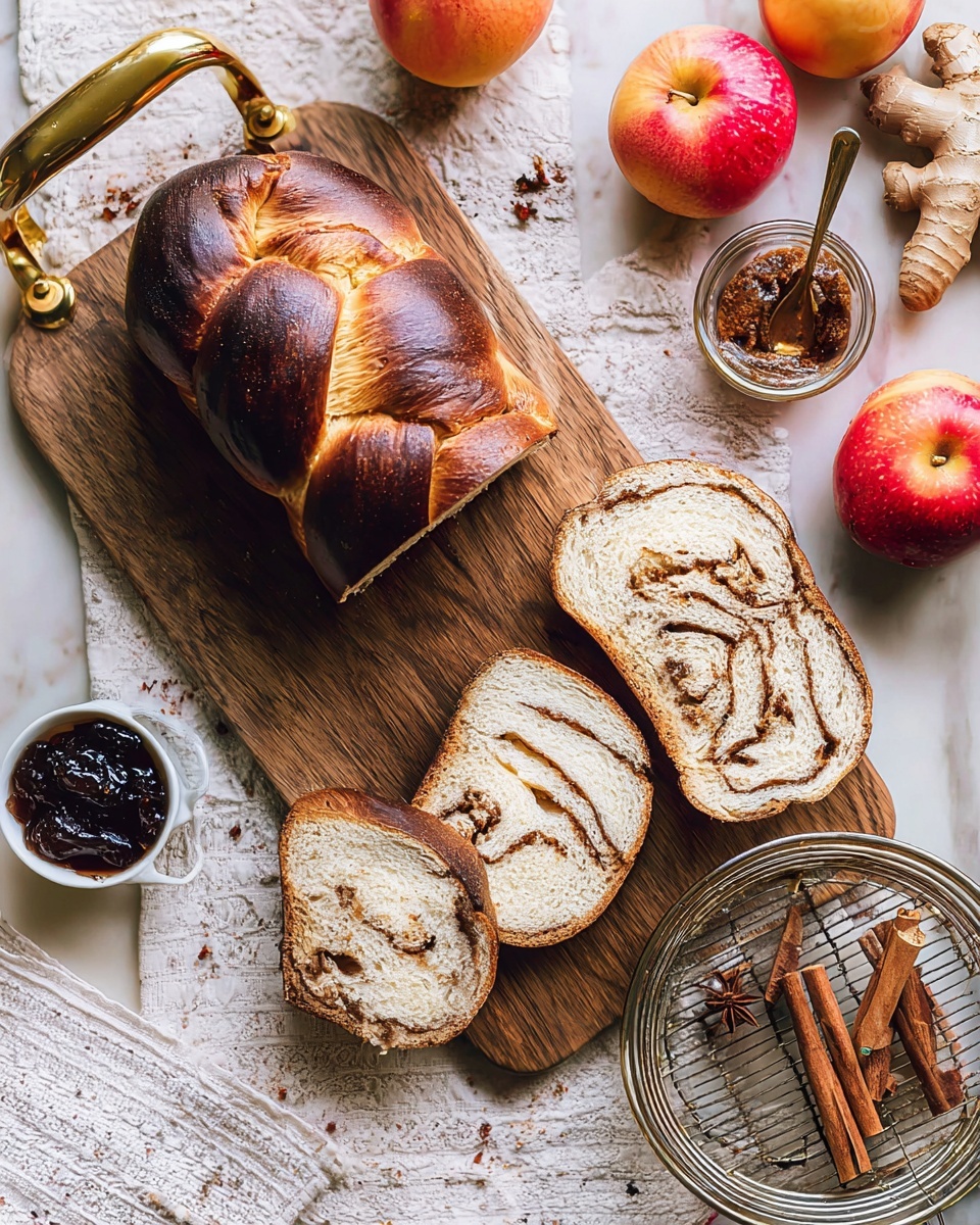 A dark brown loaf of braided bread with a shiny crust sits on a wooden board with gold handles, alongside two thick slices showing light beige bread with cinnamon swirls inside. Two smaller slices rest on a silver cooling rack below. Near the bread, there is a small white bowl with dark brown jam and three cinnamon sticks. Around the board, there are red apples, whole cloves in a glass container, ginger root in a glass bowl, and a white cloth on a white marbled textured surface. photo taken with an iphone --ar 4:5 --v 7