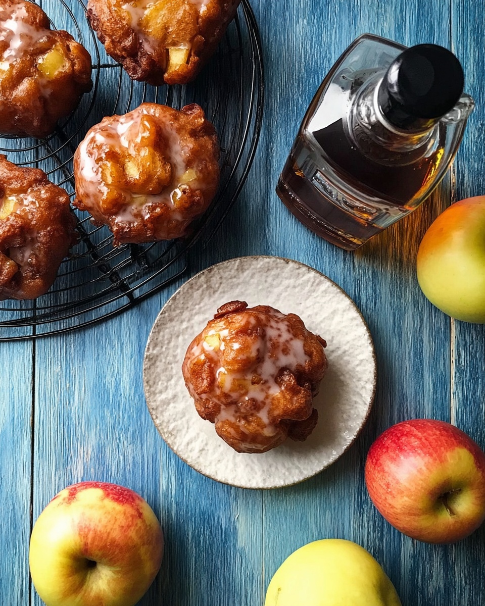 The image shows one round, brown apple fritter with a shiny glaze on top, placed on a small white textured plate in the lower right corner. Above it, there is a black wire cooling rack holding three more apple fritters, each with a rough, uneven surface and bits of apple visible inside, all having a golden-brown color and glaze. Next to the rack, there is a clear glass bottle filled with dark maple syrup, with a black cap. Around the scene, there are three whole apples and one apple half, all yellowish with red patches. All items rest on a blue wooden table surface. Photo taken with an iphone --ar 4:5 --v 7