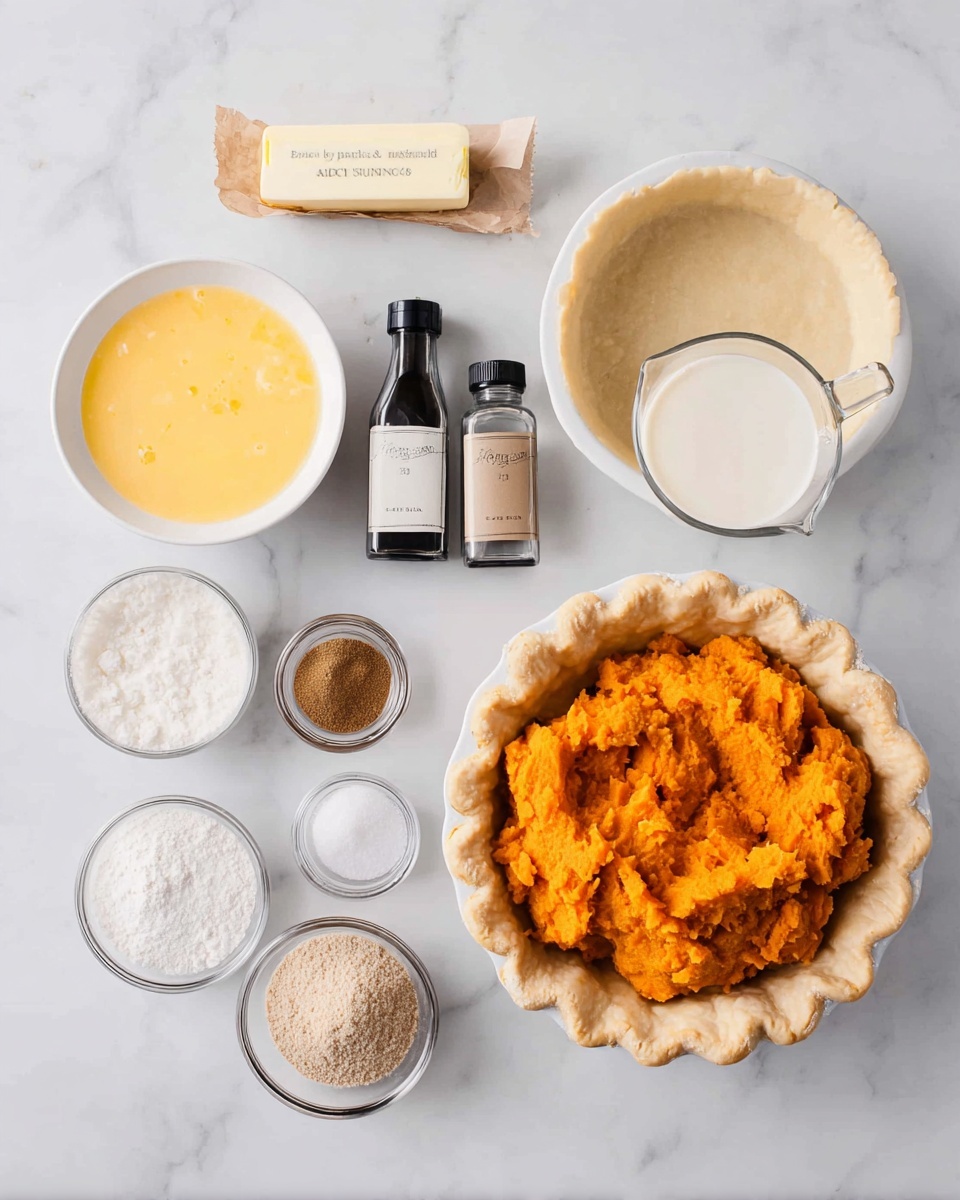 A top view of baking ingredients laid out neatly on a white marbled surface, featuring a white bowl filled with bright orange mashed sweet potatoes in the center right, next to a pale dough pie crust in a white pie dish with crimped edges on the right. Surrounding these are small clear bowls with white sugar and brown sugar at the bottom, a white bowl with a yellow beaten egg mixture at the top left, and three glass spice jars labeled cinnamon, nutmeg, and fine sea salt scattered near the edges. A stick of salted butter still in its cream-colored paper wrapper and a small dark bottle of vanilla extract sit above the pie crust, with a clear glass measuring cup holding cream on the top right. Photo taken with an iphone --ar 4:5 --v 7