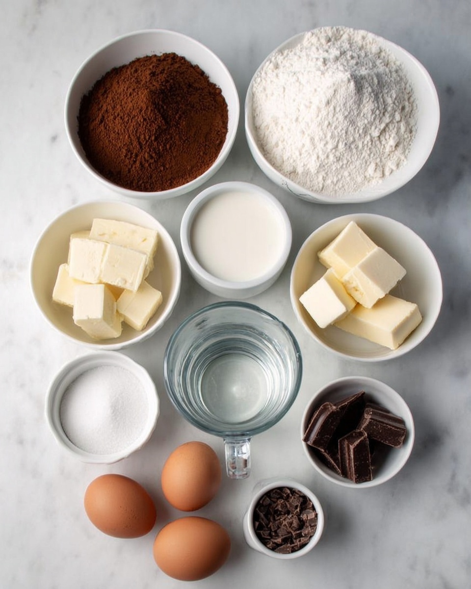 The image shows nine bowls and two eggs arranged on a white marbled surface. There are three larger white bowls containing brown cocoa powder, white flour, and white sugar. Smaller white bowls hold butter cut into chunks, milk, baking soda, salt, and chocolate chunks. Two whole brown eggs are placed on the surface near the bowls. A clear glass measuring cup filled with water sits in the center. The items are spread out evenly, all on the white marbled surface. Photo taken with an iphone --ar 4:5 --v 7